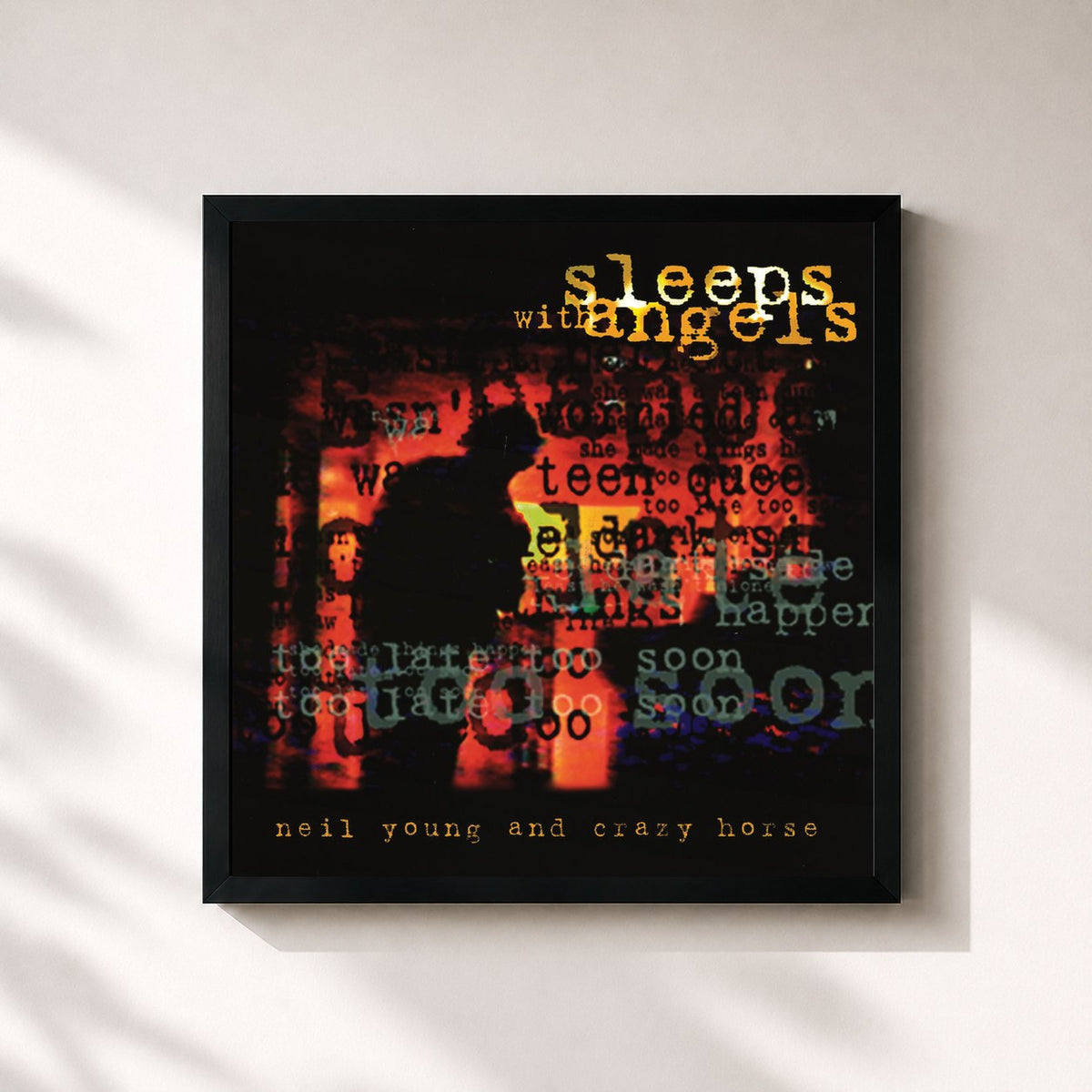 #noir Tableau carré de l'album Sleeps with Angels de Neil Young, cadre noir 32x32 cm