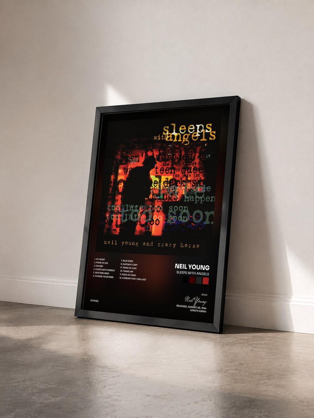 #noir Sleeps with Angels von Neil Young als gerahmter Kunstdruck von schräg gesehen, schwarzer Rahmen