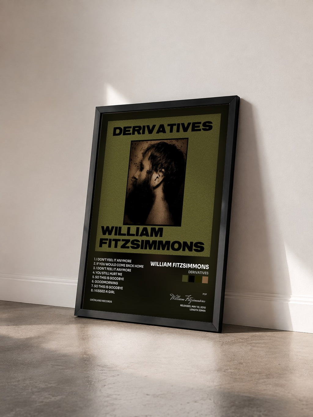 #noir Tableau de l'album Derivatives de William Fitzsimmons vu de trois quarts, cadre noir