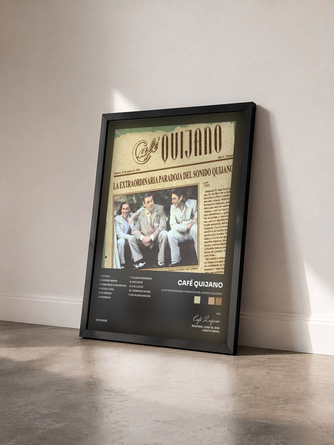 #noir Tableau de l'album La Extraordinaria Paradoja Del Sonido Quijano de Café Quijano vu de trois quarts, cadre noir