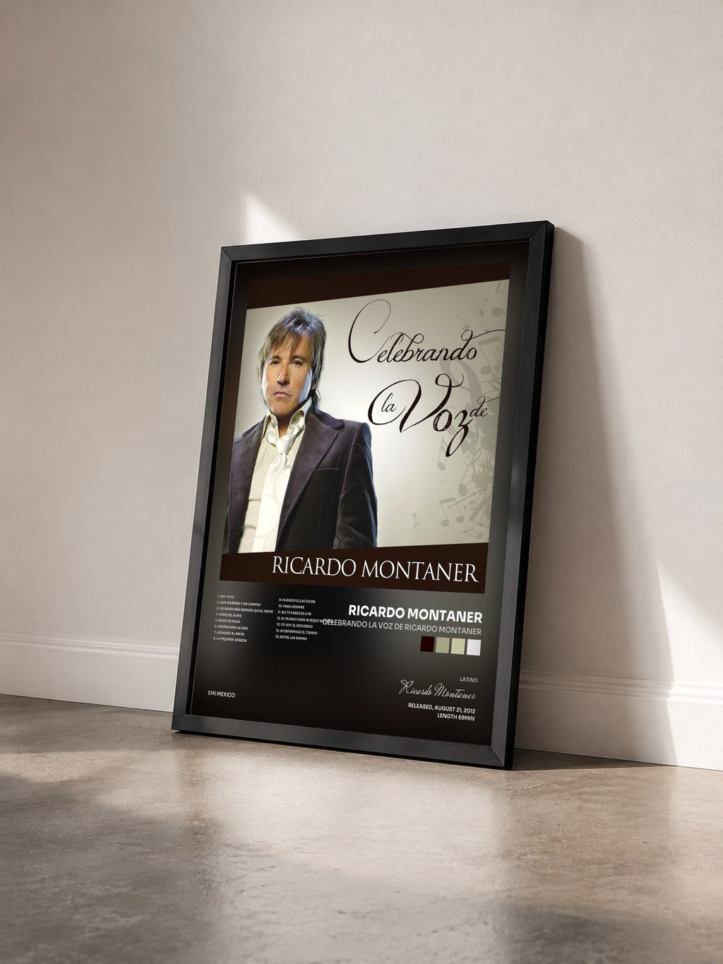 #noir Tableau de l'album Celebrando La Voz De Ricardo Montaner de Ricardo Montaner vu de trois quarts, cadre noir