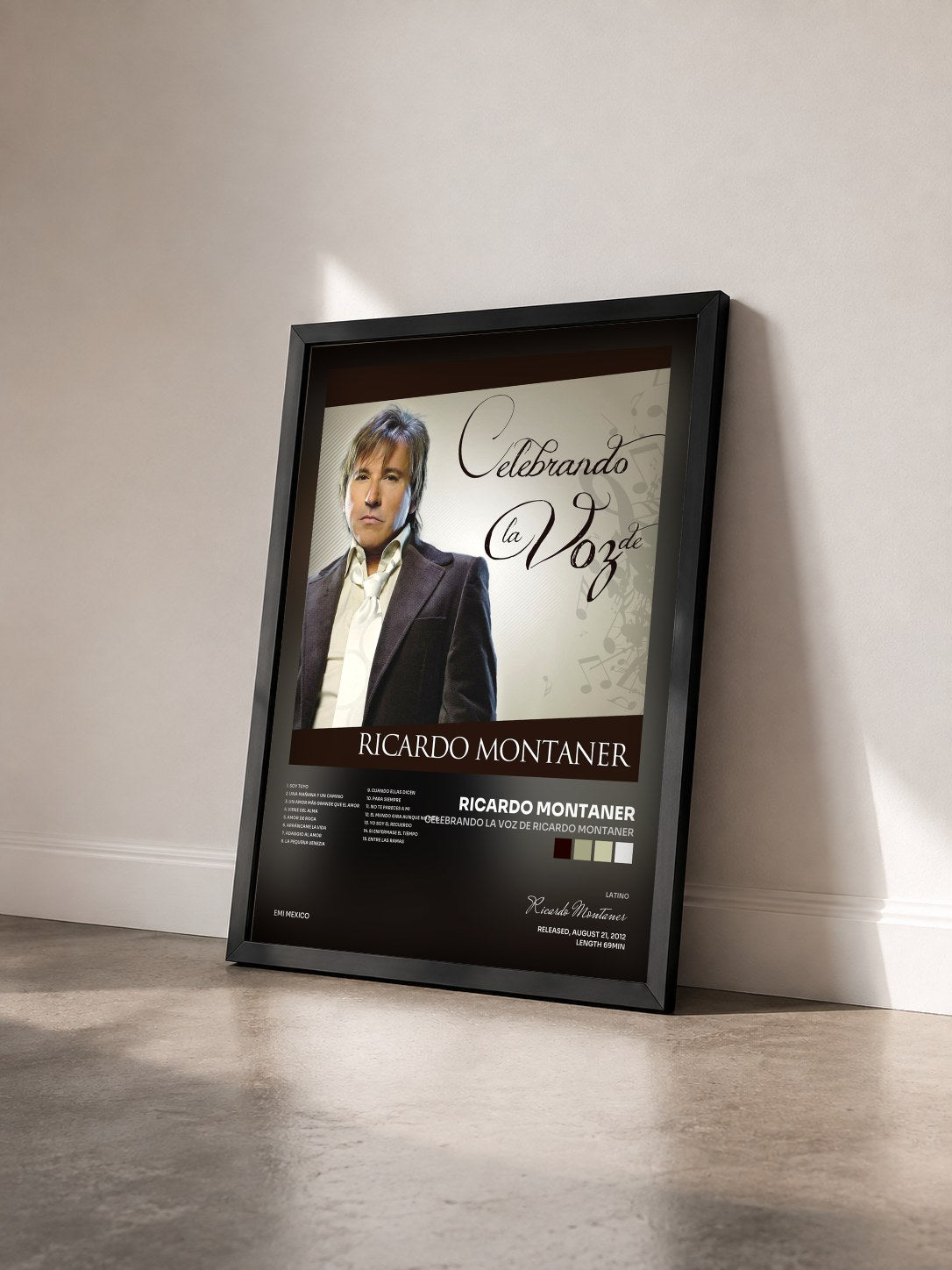 #noir Tableau de l'album Celebrando La Voz De Ricardo Montaner de Ricardo Montaner vu de trois quarts, cadre noir