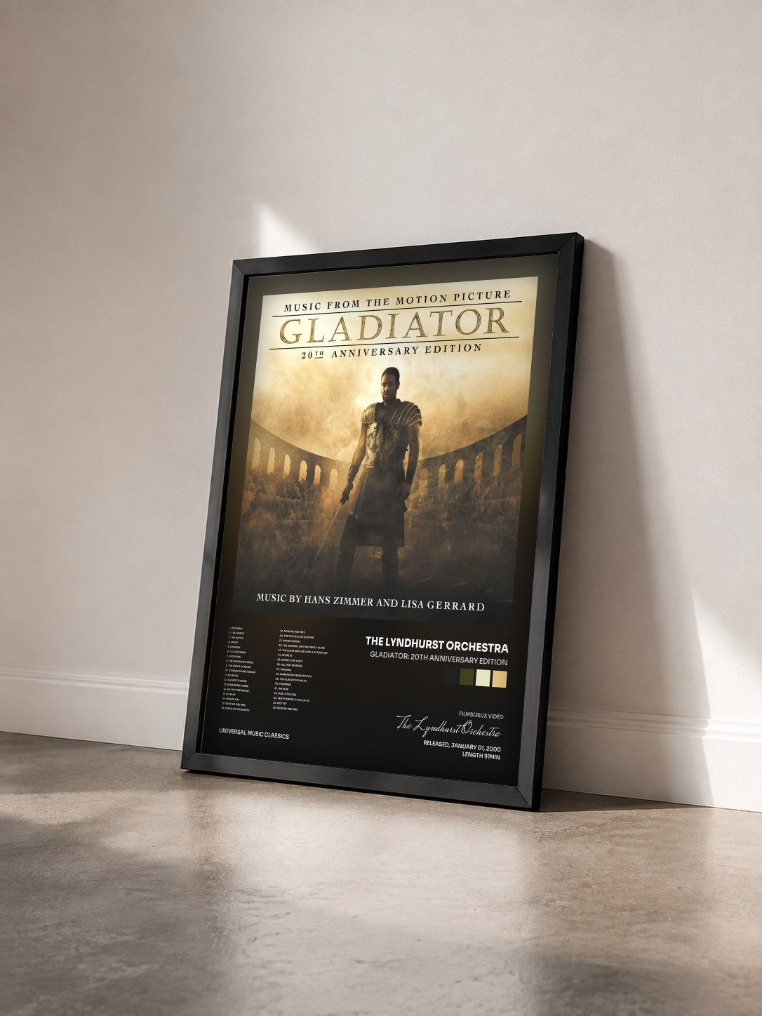 #noir Gladiator: 20th Anniversary Edition by The Lyndhurst Orchestra as a framed art print seen at an angle, black frame
