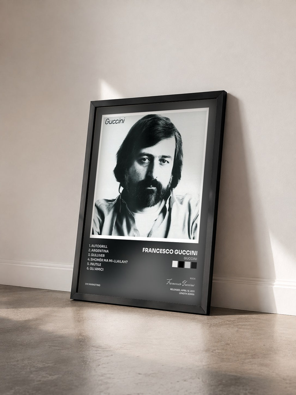 #noir Tableau de l'album Guccini de Francesco Guccini vu de trois quarts, cadre noir