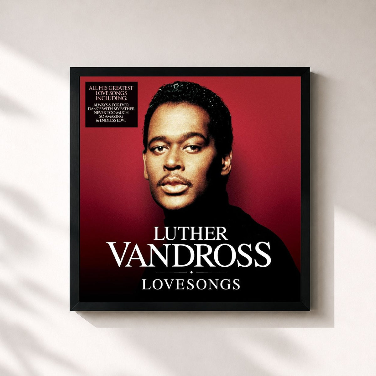 #noir Tableau carré de l'album Luther Love Songs de Luther Vandross, cadre noir 32x32 cm