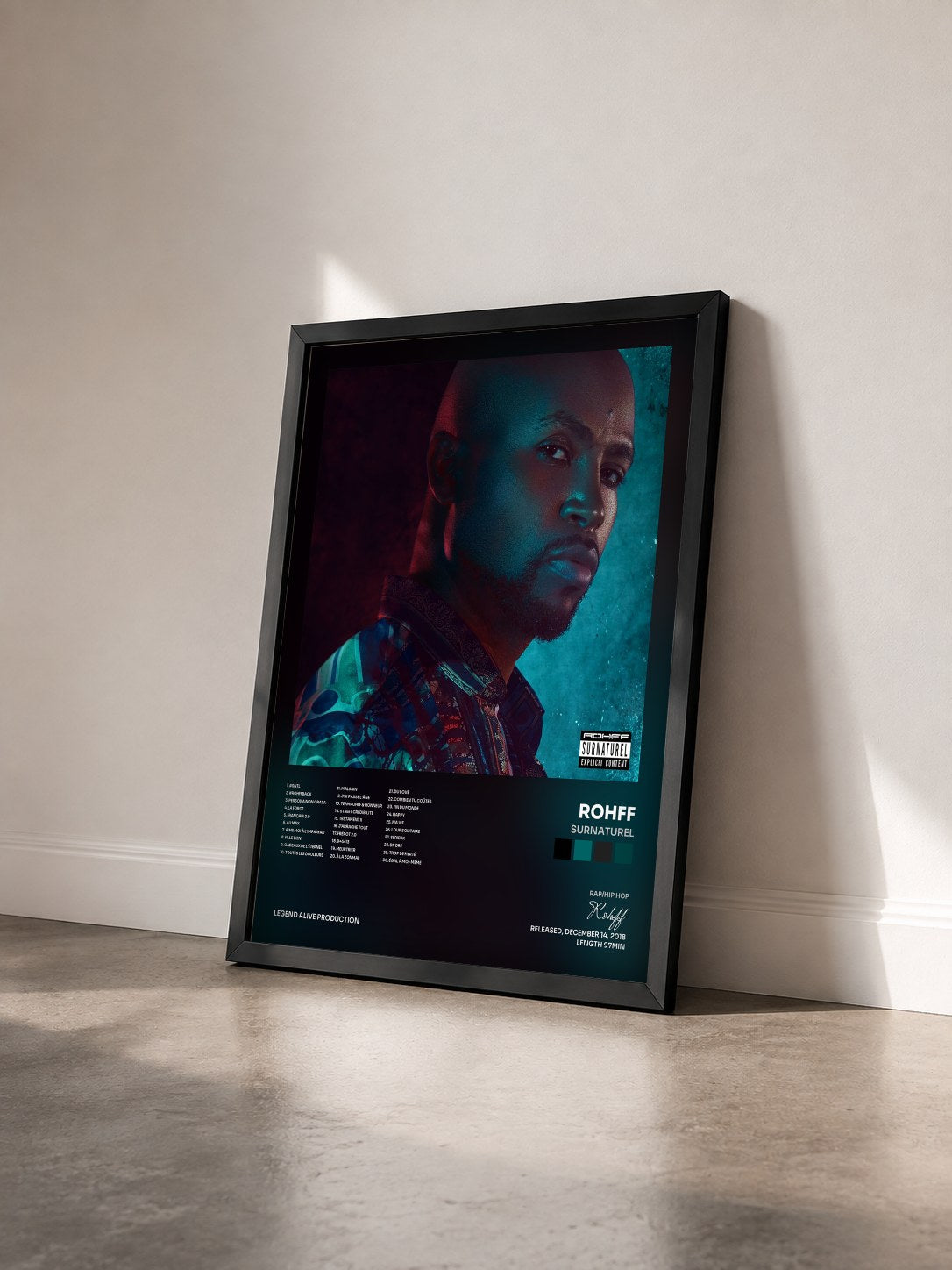 #noir Tableau de l'album Surnaturel de Rohff vu de trois quarts, cadre noir