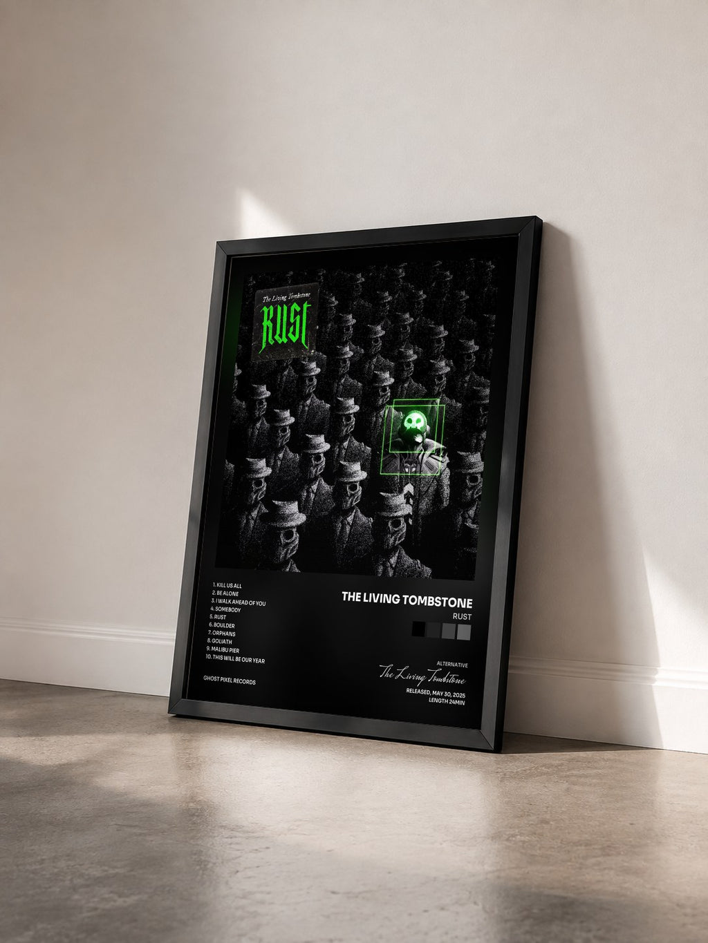 #noir Tableau de l'album Rust de The Living Tombstone vu de trois quarts, cadre noir