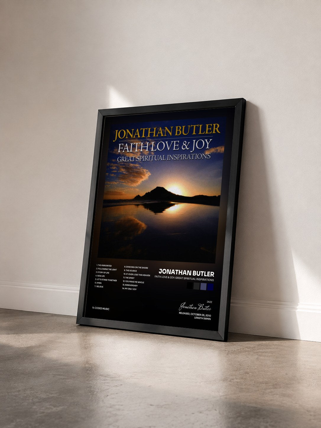 #noir Tableau de l'album Faith Love & Joy: Great Spiritual Inspirations de Jonathan Butler vu de trois quarts, cadre noir
