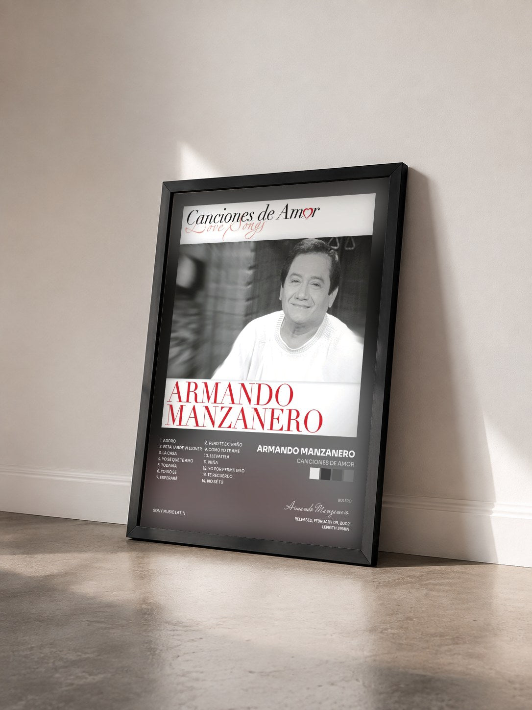 #noir Tableau de l'album Canciones De Amor de Armando Manzanero vu de trois quarts, cadre noir