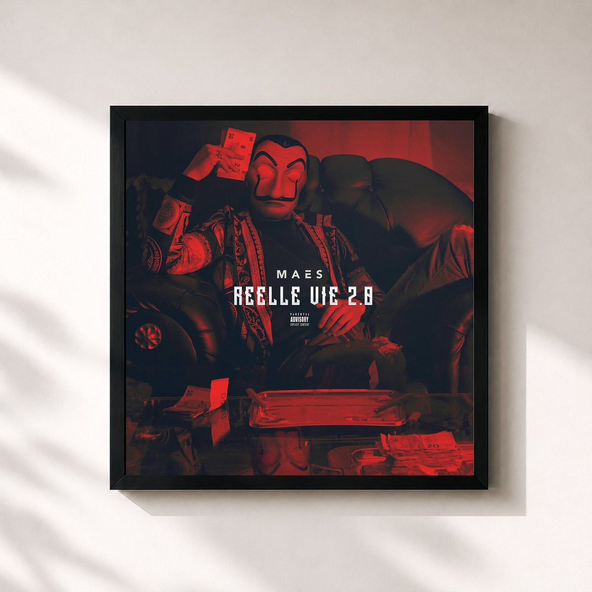 #noir Tableau carré de l'album Réelle vie 2.0 de Maes, cadre noir 32x32 cm