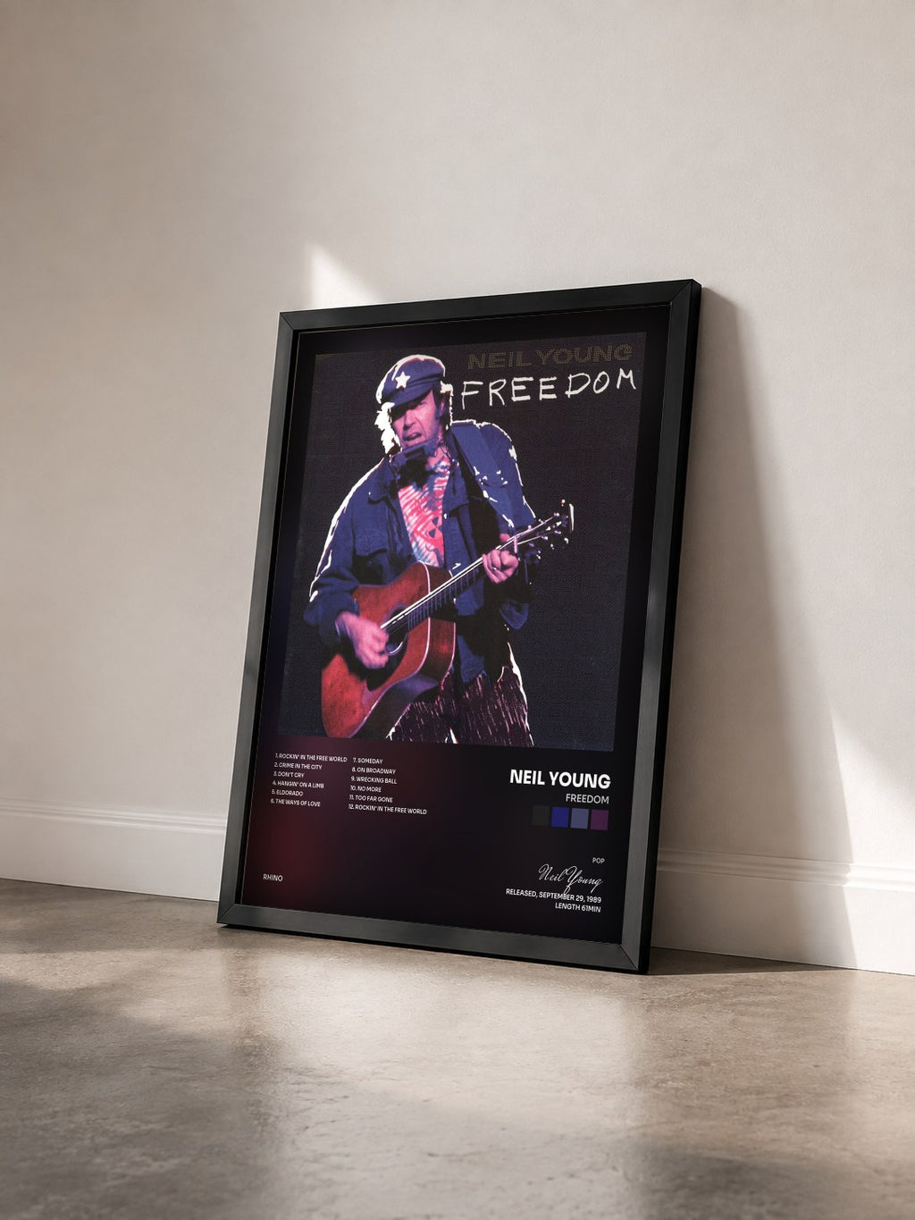 #noir Tableau de l'album Freedom de Neil Young vu de trois quarts, cadre noir