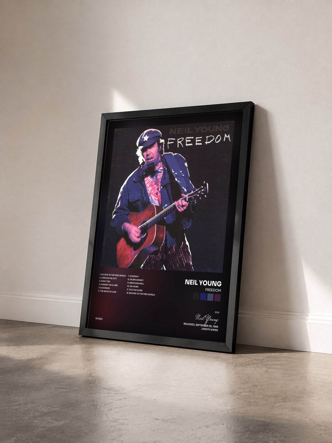 #noir Tableau de l'album Freedom de Neil Young vu de trois quarts, cadre noir