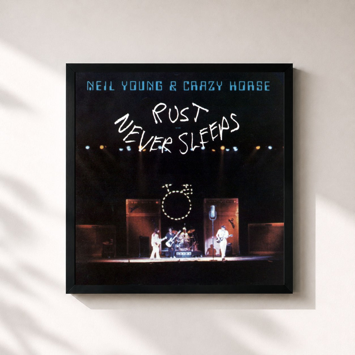 #noir Tableau carré de l'album Rust Never Sleeps de Neil Young, cadre noir 32x32 cm