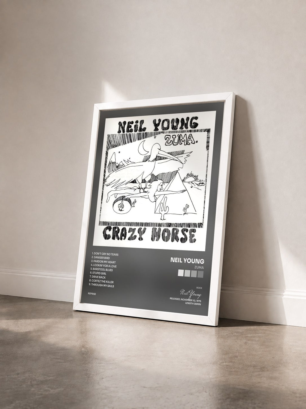 #blanc Tableau de l'album Zuma de Neil Young vu de trois quarts, cadre blanc
