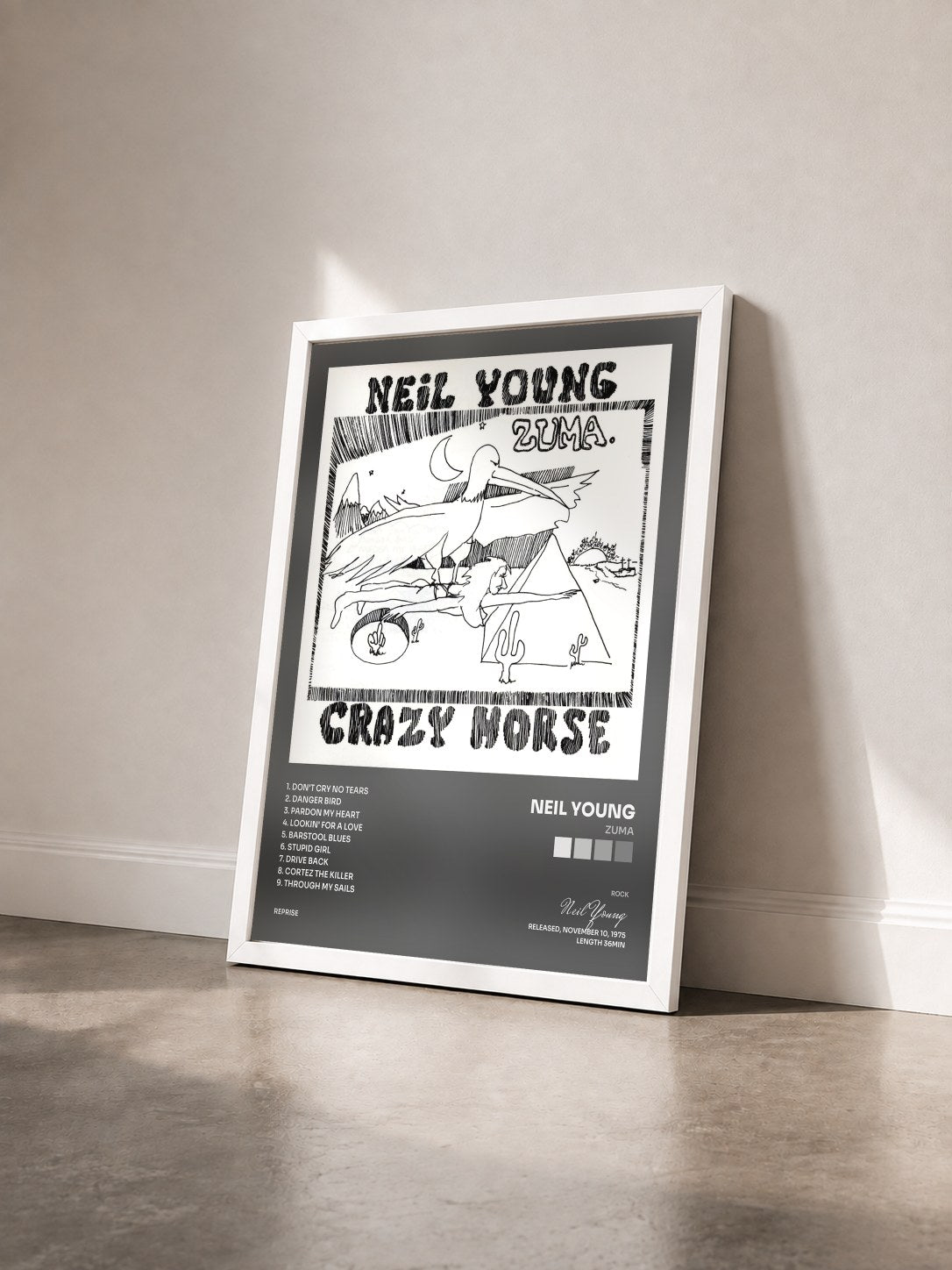 #blanc Tableau de l'album Zuma de Neil Young vu de trois quarts, cadre blanc