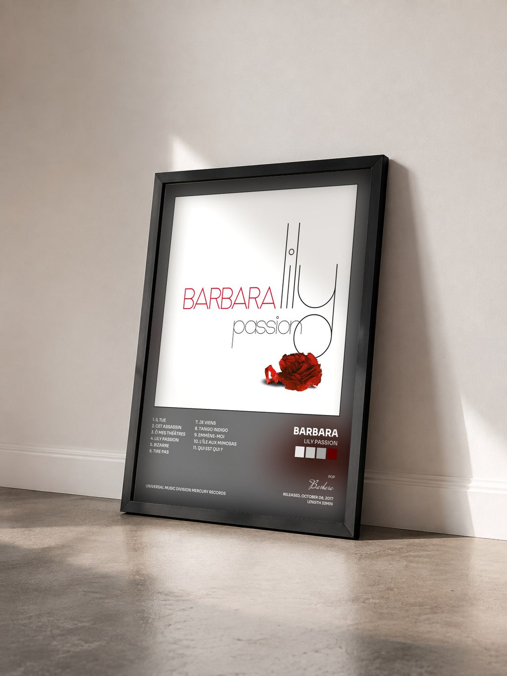 #noir Tableau de l'album Lily passion de Barbara vu de trois quarts, cadre noir