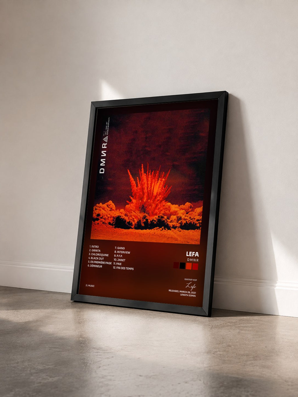 #noir D M N R by Lefa as a framed art print seen at an angle, black frame