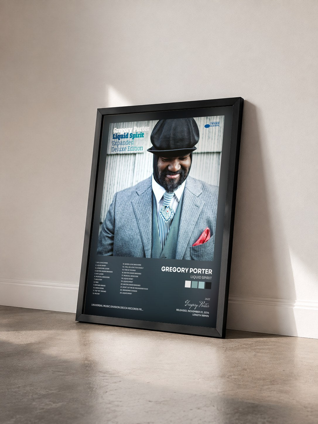 #noir Liquid Spirit by Gregory Porter as a framed art print seen at an angle, black frame