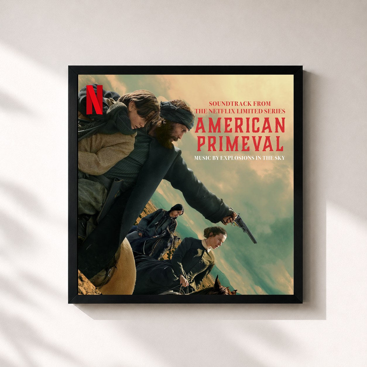 #noir Tableau carré de l'album American Primeval (Soundtrack from the Netflix Series) de Explosions in the Sky, cadre noir 32x32 cm