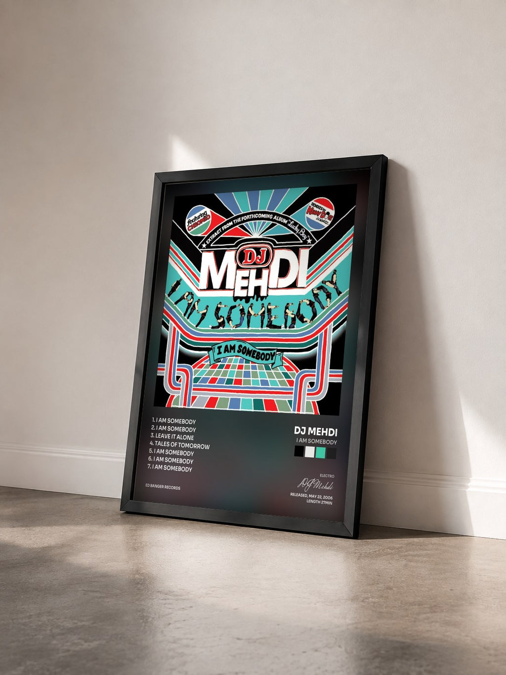 #noir I Am Somebody by DJ Mehdi as a framed art print seen at an angle, black frame