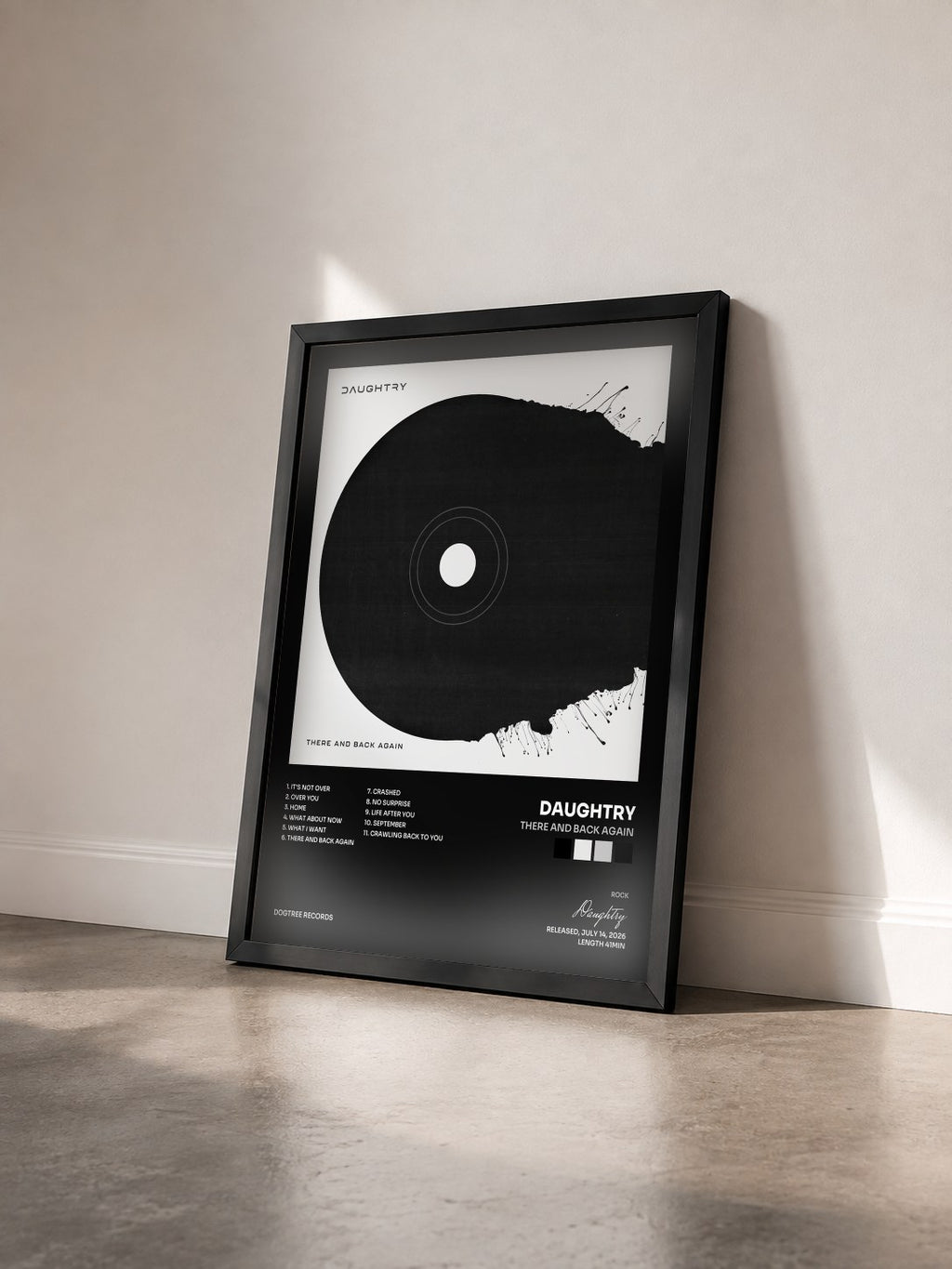 #noir Tableau de l'album There and Back Again de Daughtry vu de trois quarts, cadre noir