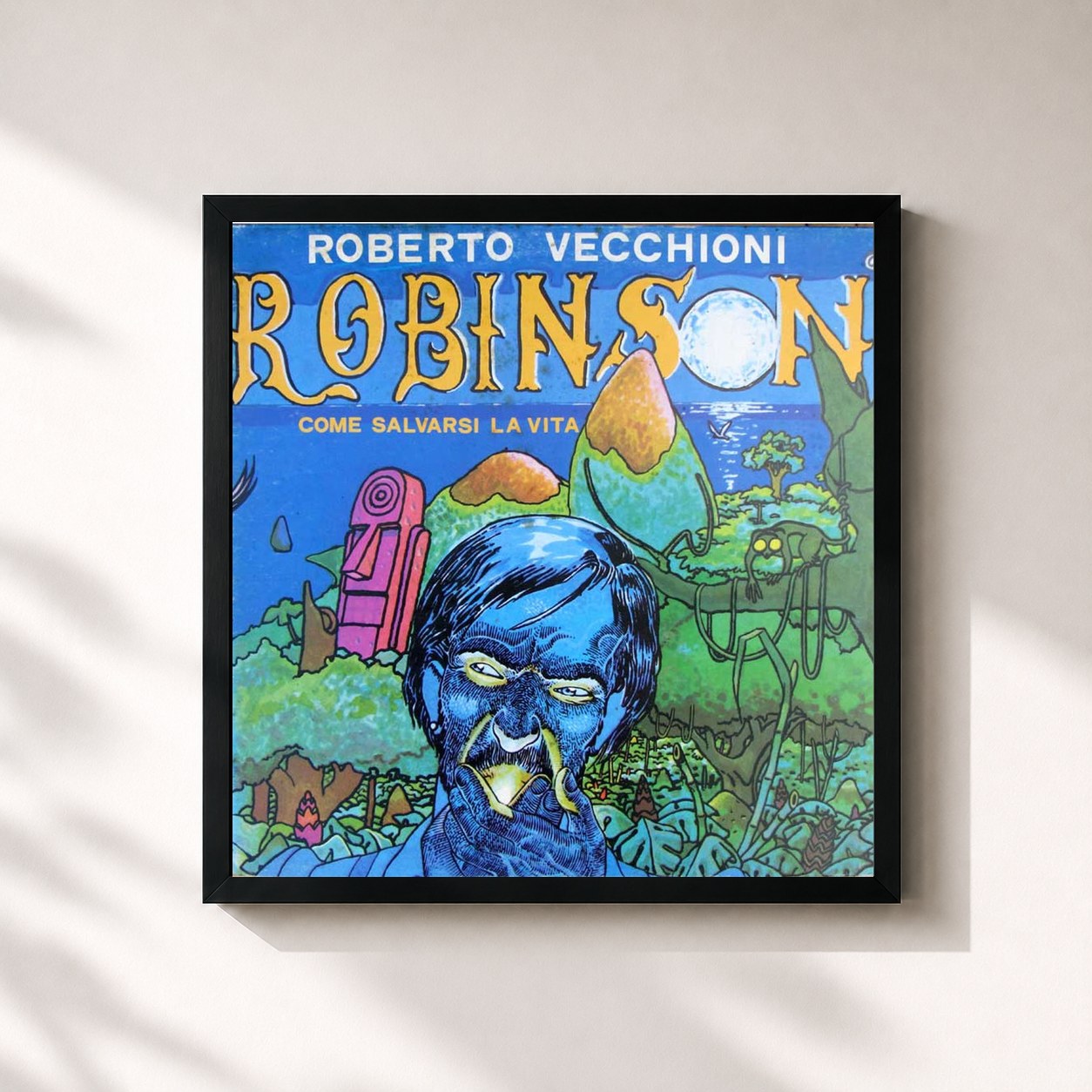 #noir Tableau carré de l'album Robinson come salvarsi la vita de Roberto Vecchioni, cadre noir 32x32 cm