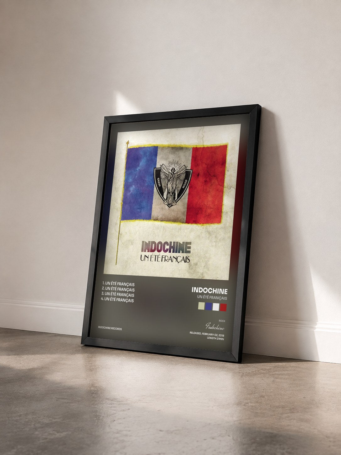 #noir Un été français by Indochine as a framed art print seen at an angle, black frame