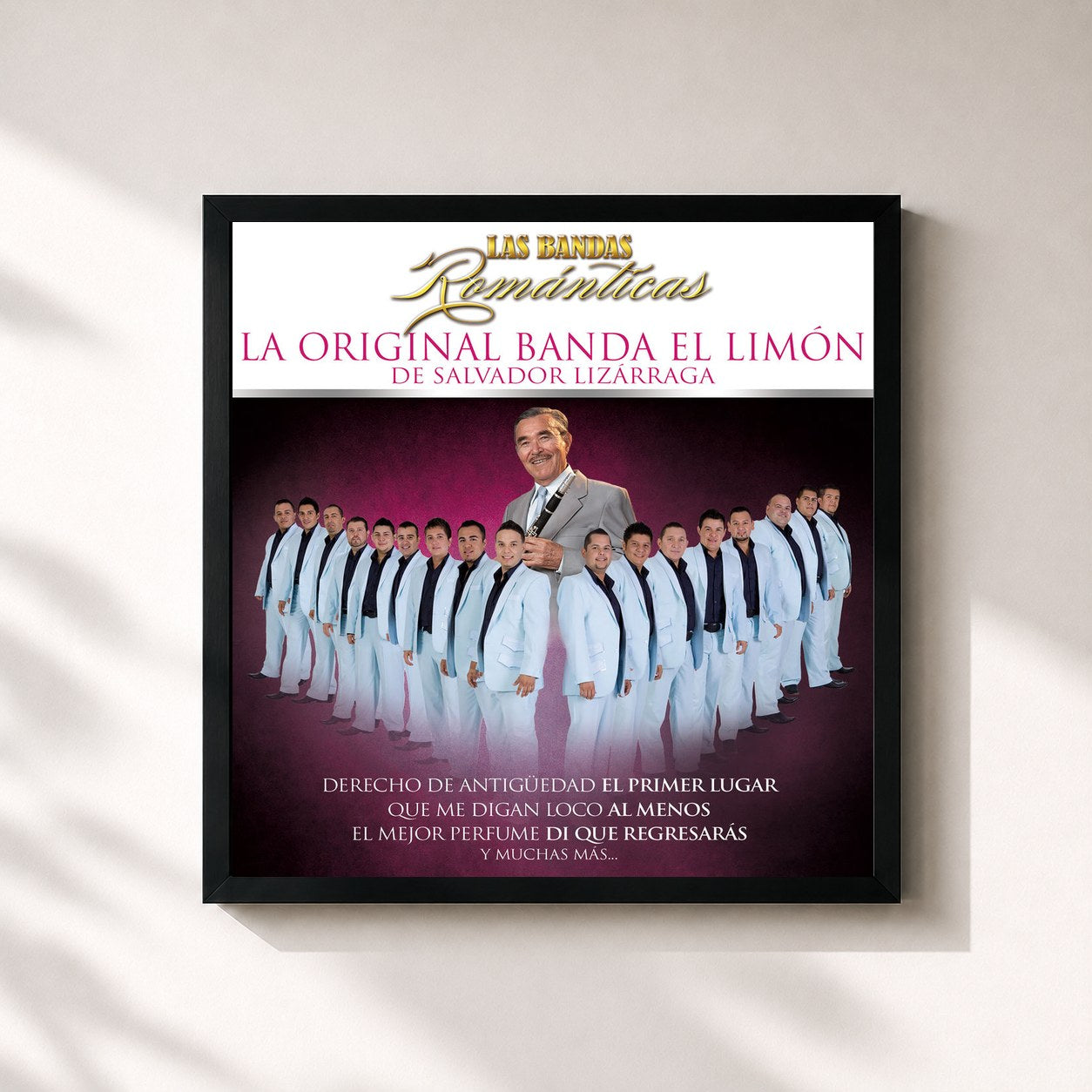 #noir Tableau carré de l'album Las Bandas Románticas de La Original Banda El Limón De Salvador Lizárraga, cadre noir 32x32 cm