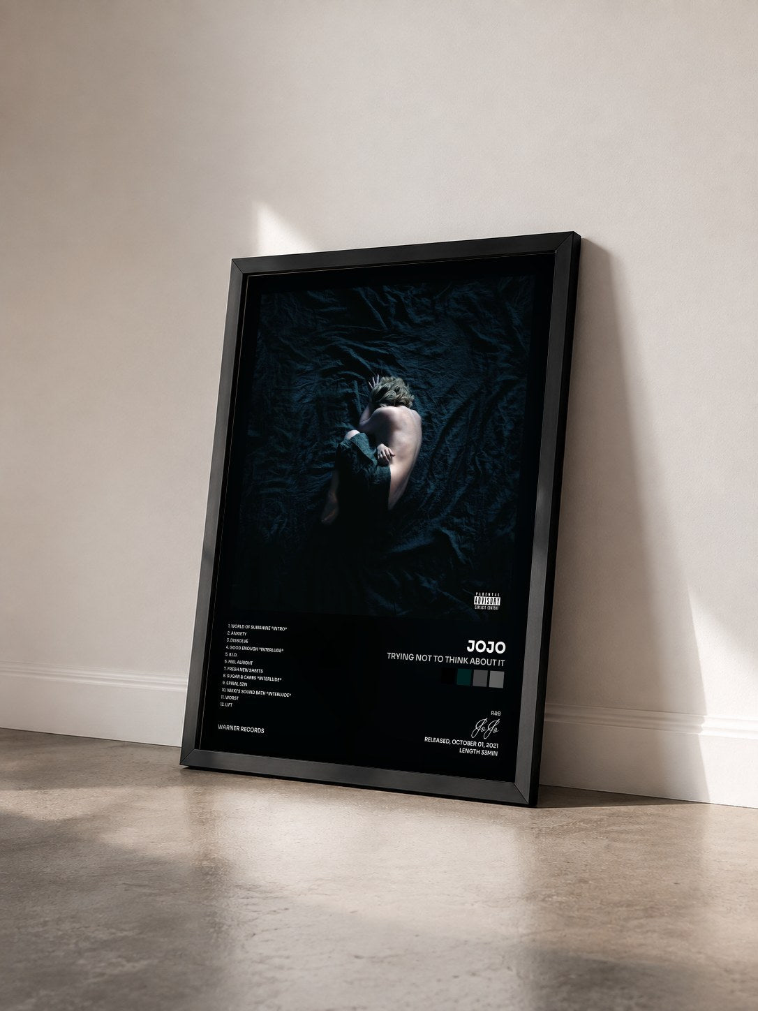 #noir trying not to think about it by JoJo as a framed art print seen at an angle, black frame