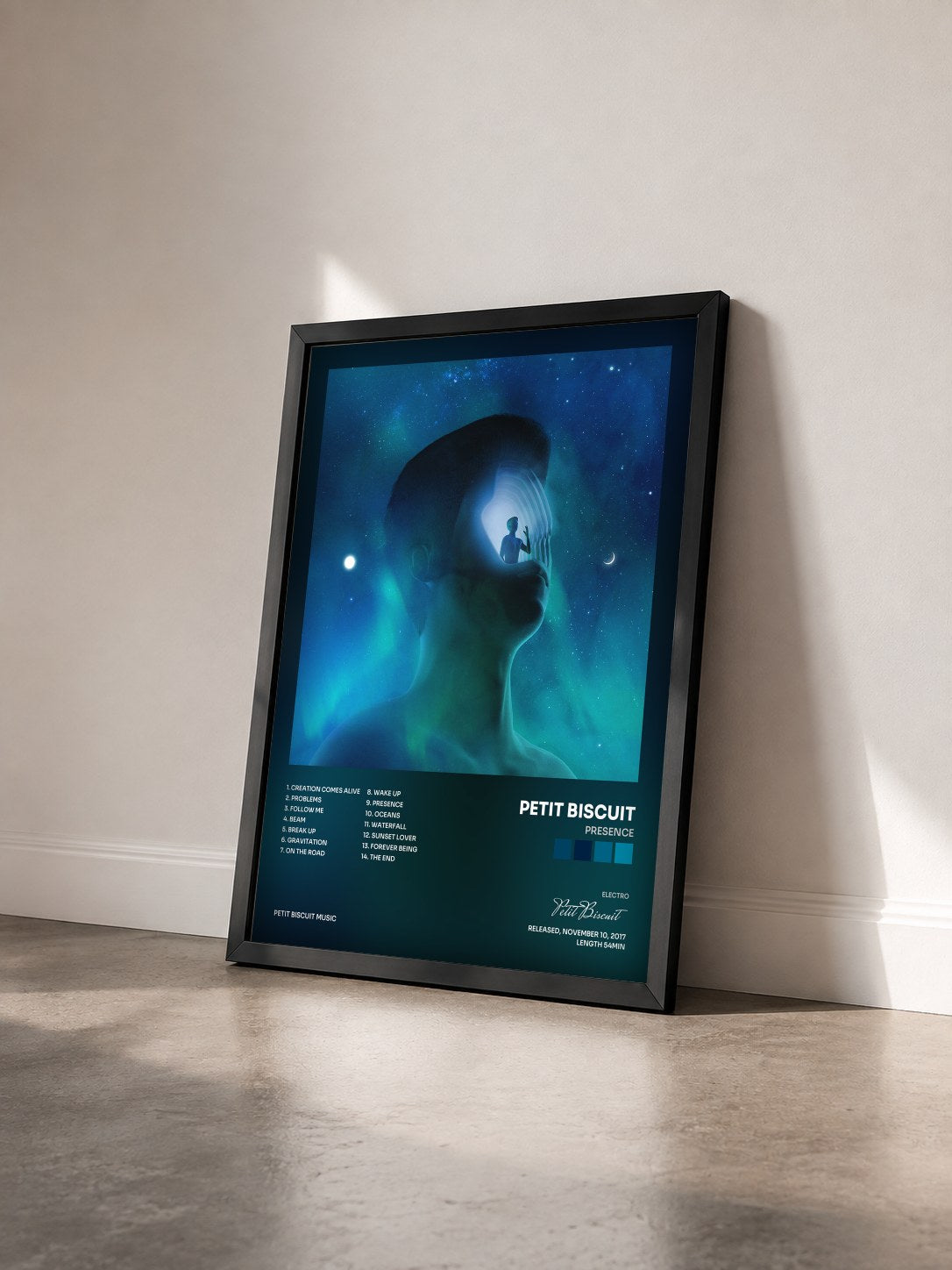 #noir Presence by Petit Biscuit as a framed art print seen at an angle, black frame