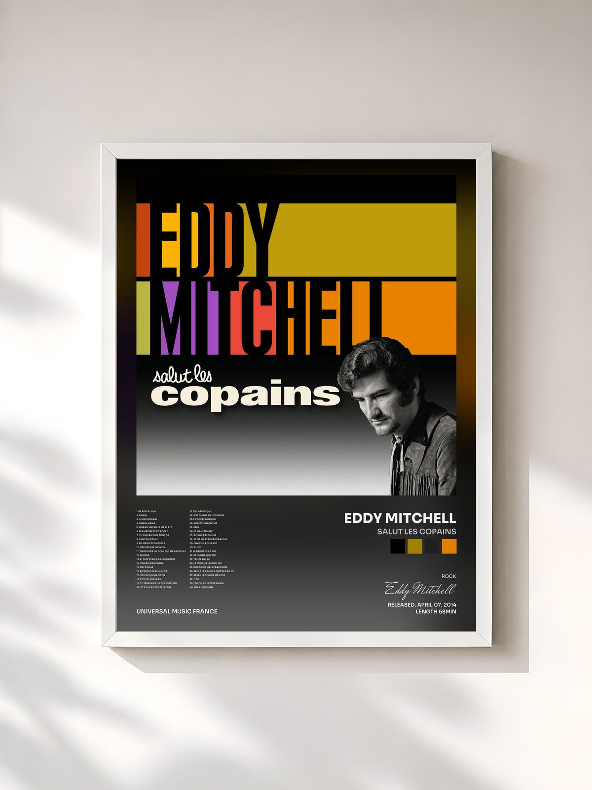 #blanc Tableau de l'album Salut Les Copains de Eddy Mitchell, cadre blanc, imprimé et encadré en France