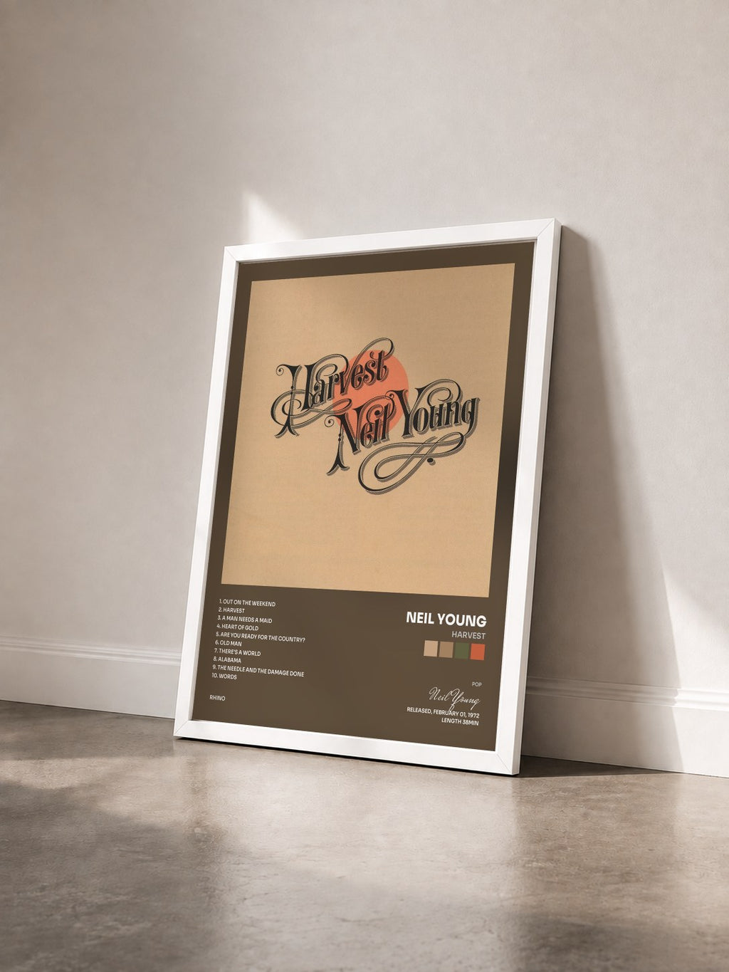 #blanc Tableau de l'album Harvest de Neil Young vu de trois quarts, cadre blanc