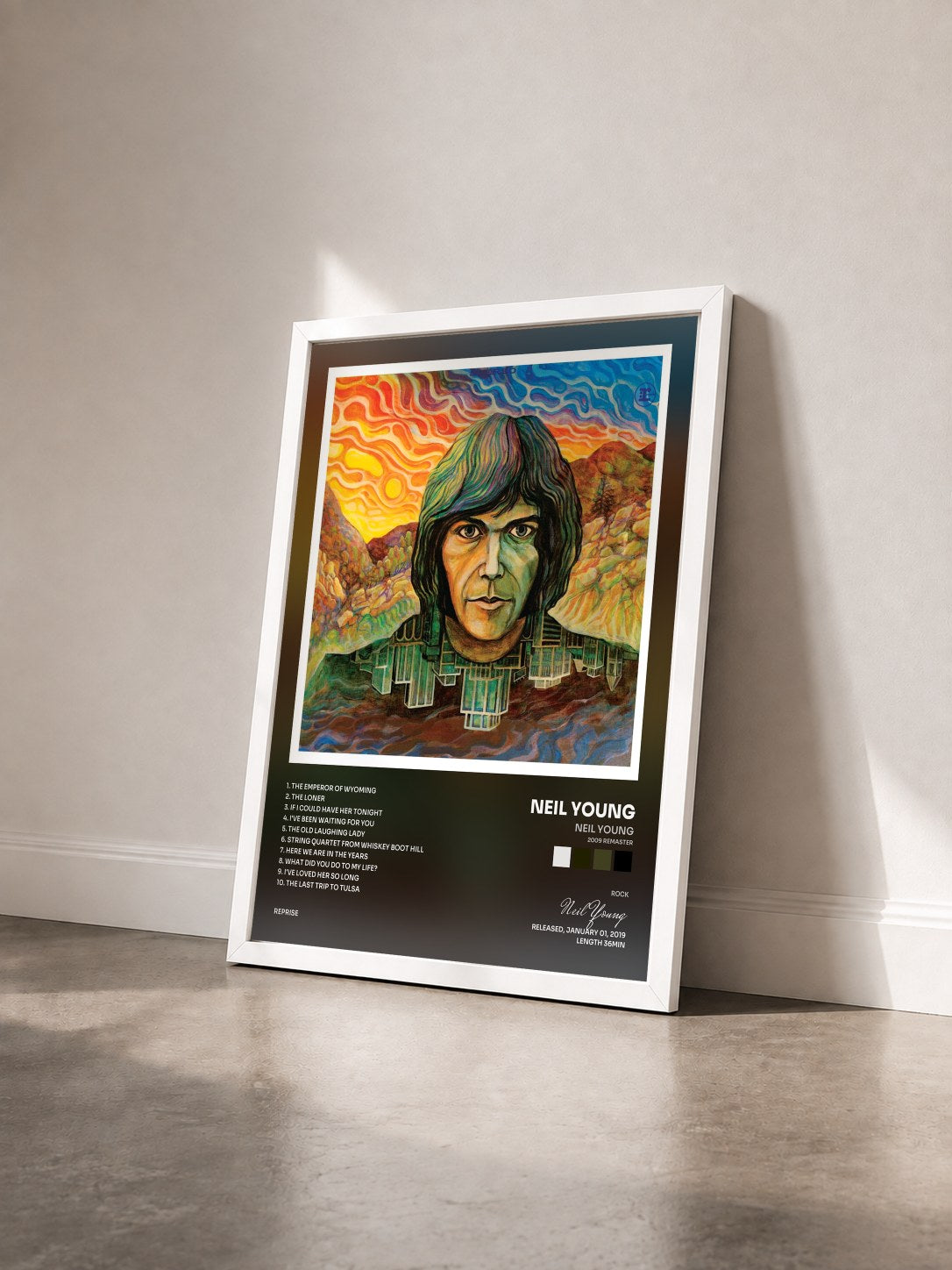 #blanc Tableau de l'album Neil Young (2009 Remaster) de Neil Young vu de trois quarts, cadre blanc