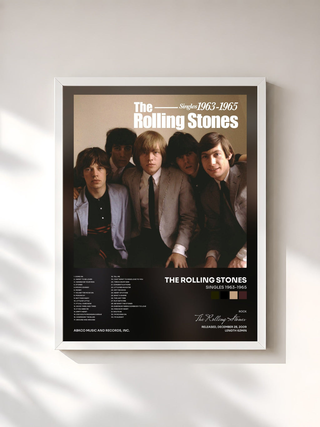 #blanc Singles 1963-1965 de The Rolling Stones en lámina enmarcada, marco blanco, impresa y enmarcada en Francia