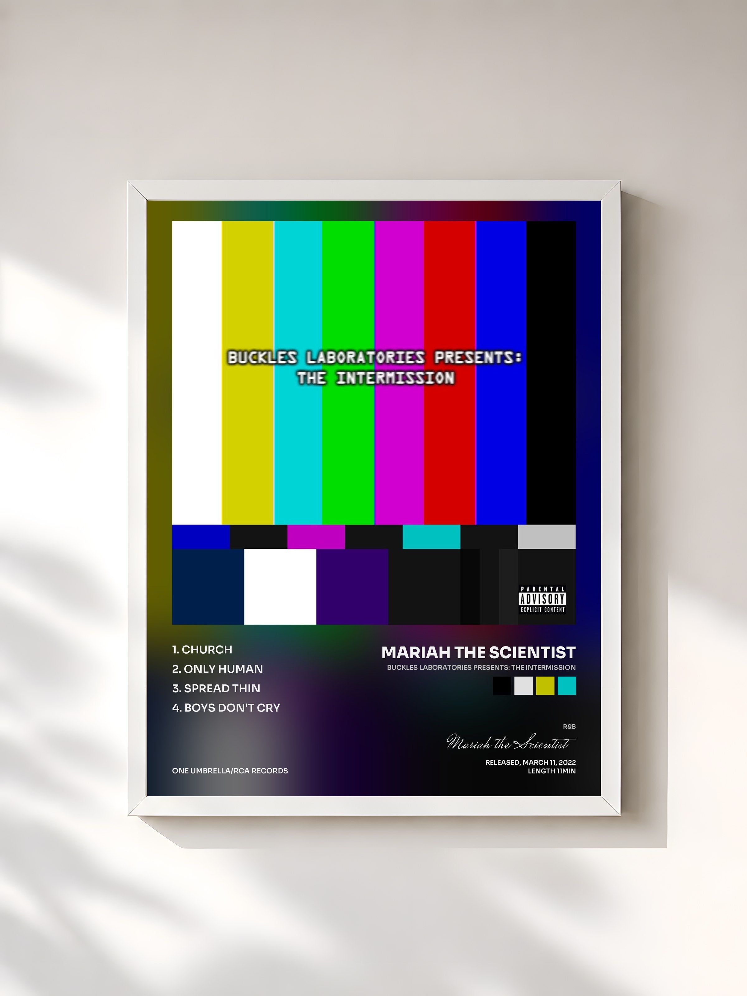 #blanc Tableau de l'album Buckles Laboratories Presents: The Intermission de Mariah the Scientist, cadre blanc, imprimé et encadré en France