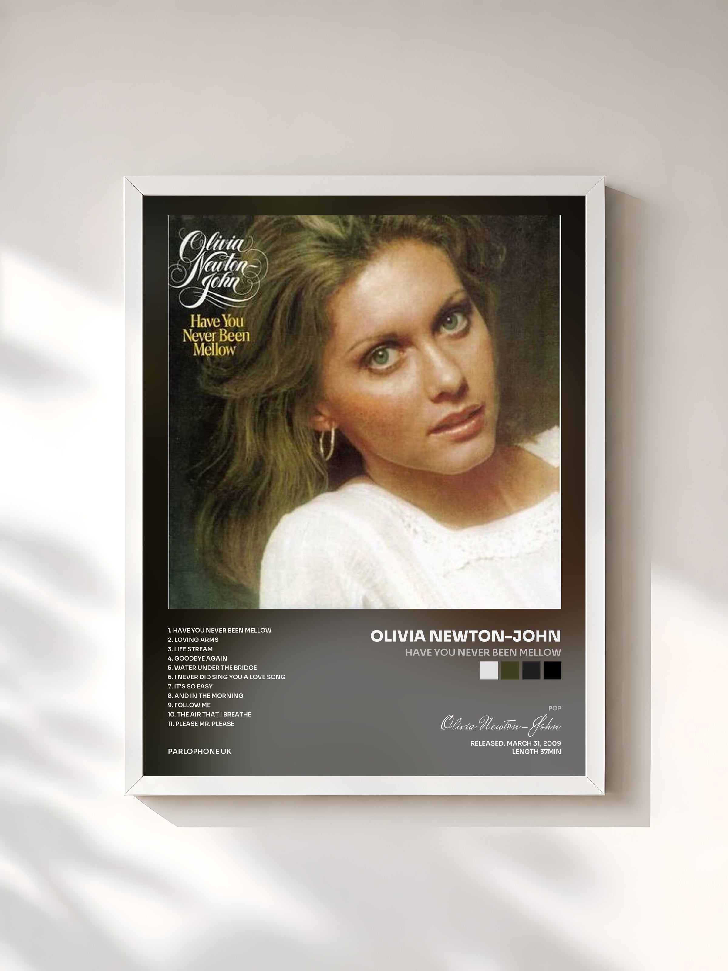 #blanc Tableau de l'album Have You Never Been Mellow de Olivia Newton-John, cadre blanc, imprimé et encadré en France