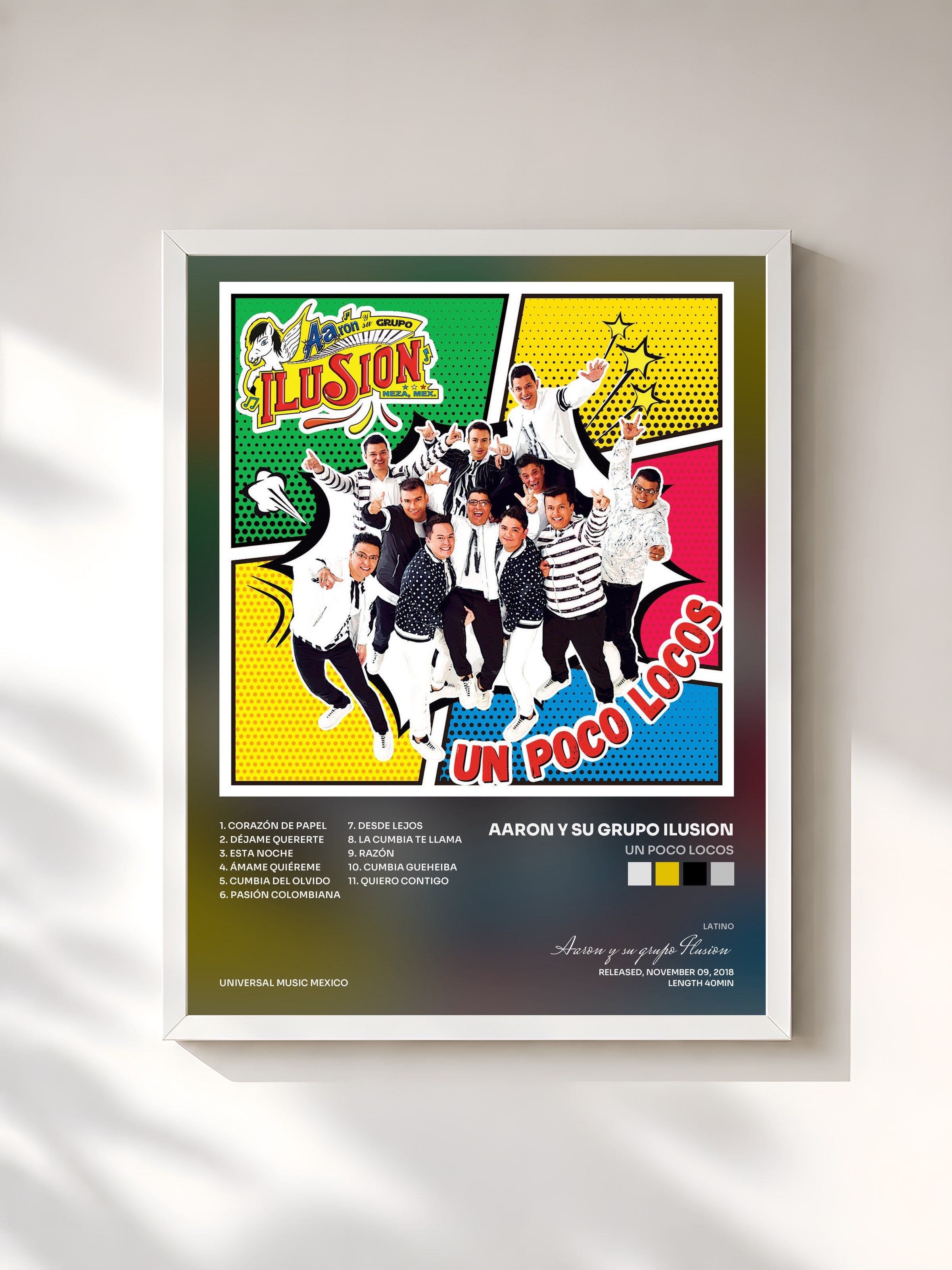 #blanc Tableau de l'album Un Poco Locos de Aaron y su grupo Ilusion, cadre blanc, imprimé et encadré en France