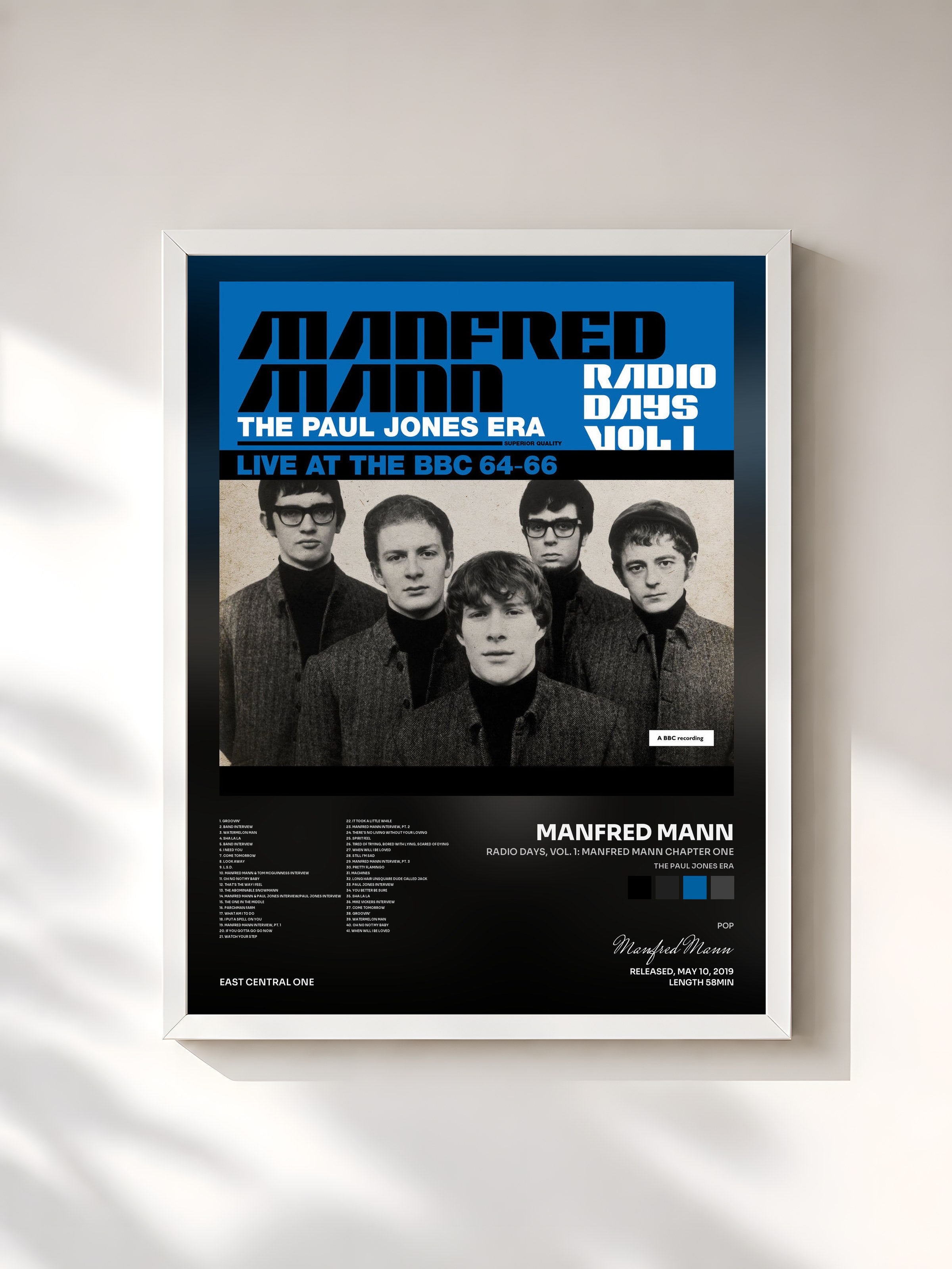 #blanc Tableau de l'album Radio Days, Vol. 1: Manfred Mann Chapter One (The Paul Jones Era) de Manfred Mann, cadre blanc, imprimé et encadré en France