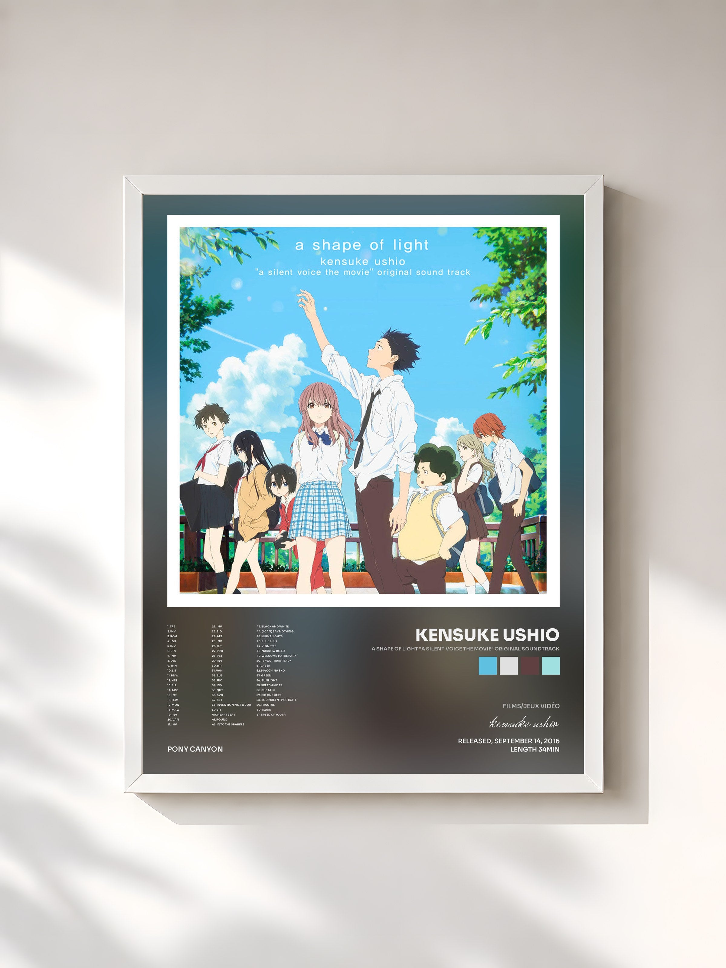 #blanc Tableau de l'album A Shape of Light "A Silent Voice the Movie" Original Soundtrack de kensuke ushio, cadre blanc, imprimé et encadré en France