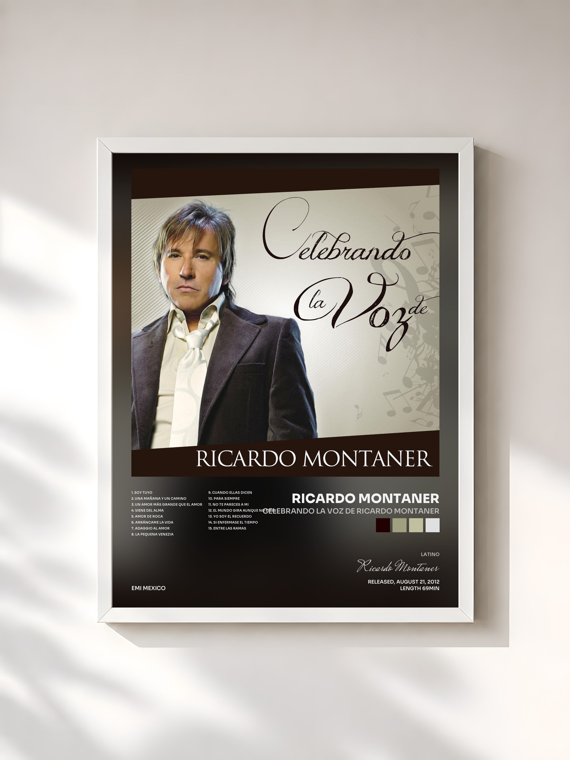 #blanc Tableau de l'album Celebrando La Voz De Ricardo Montaner de Ricardo Montaner, cadre blanc, imprimé et encadré en France