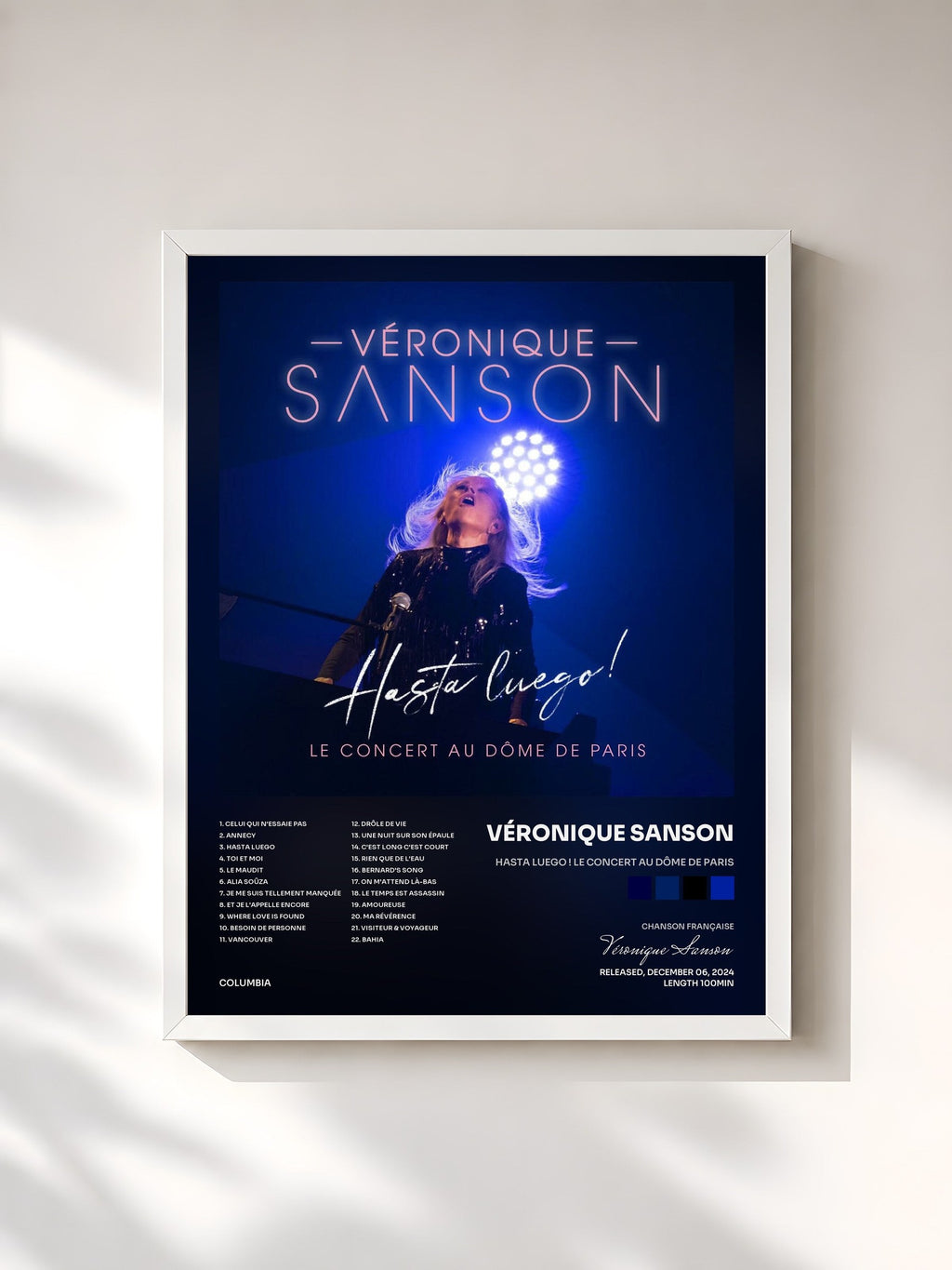 #blanc Tableau de l'album Hasta Luego ! Le concert au Dôme de Paris de Véronique Sanson, cadre blanc, imprimé et encadré en France