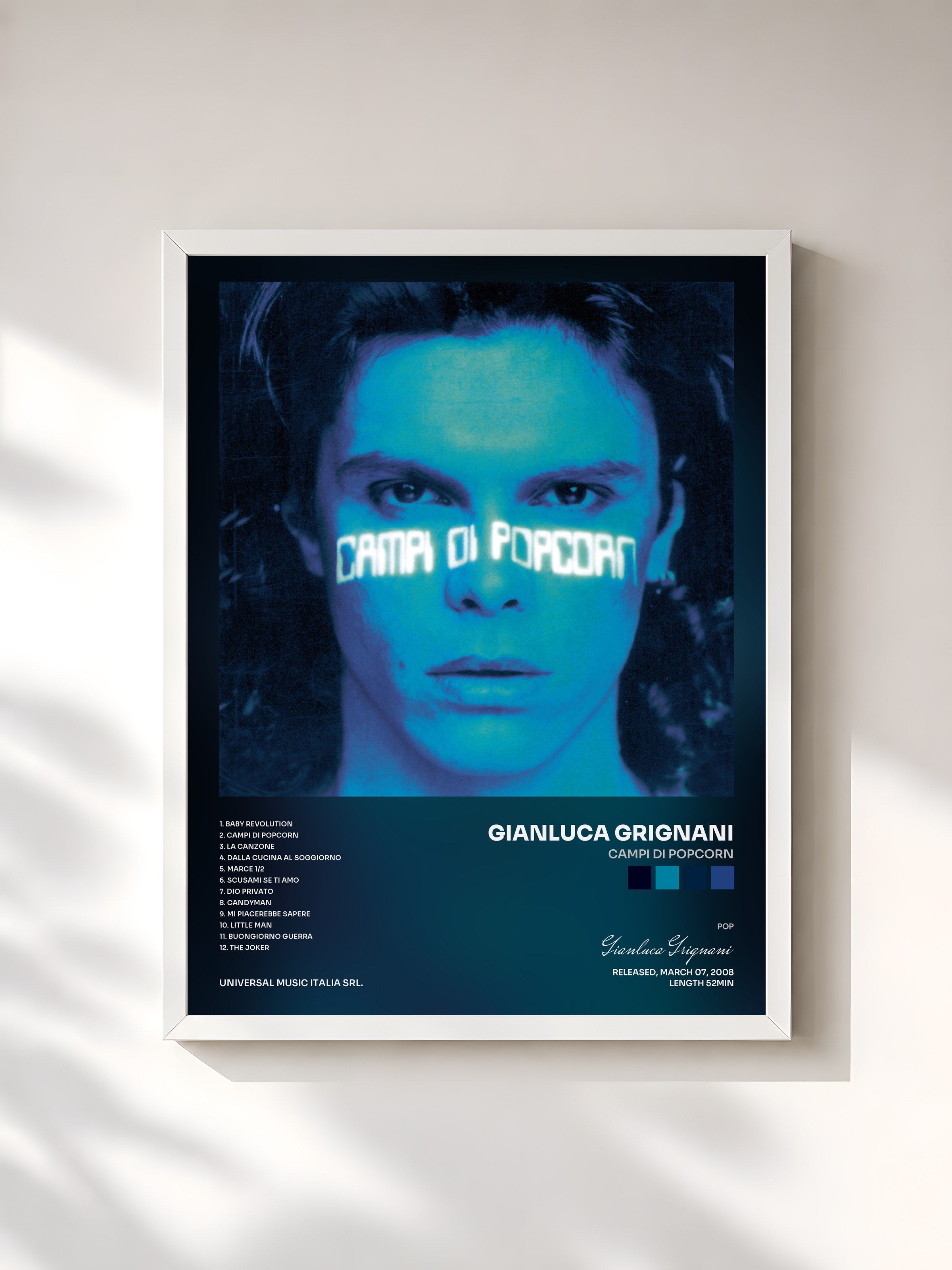 #blanc Tableau de l'album Campi Di Popcorn de Gianluca Grignani, cadre blanc, imprimé et encadré en France