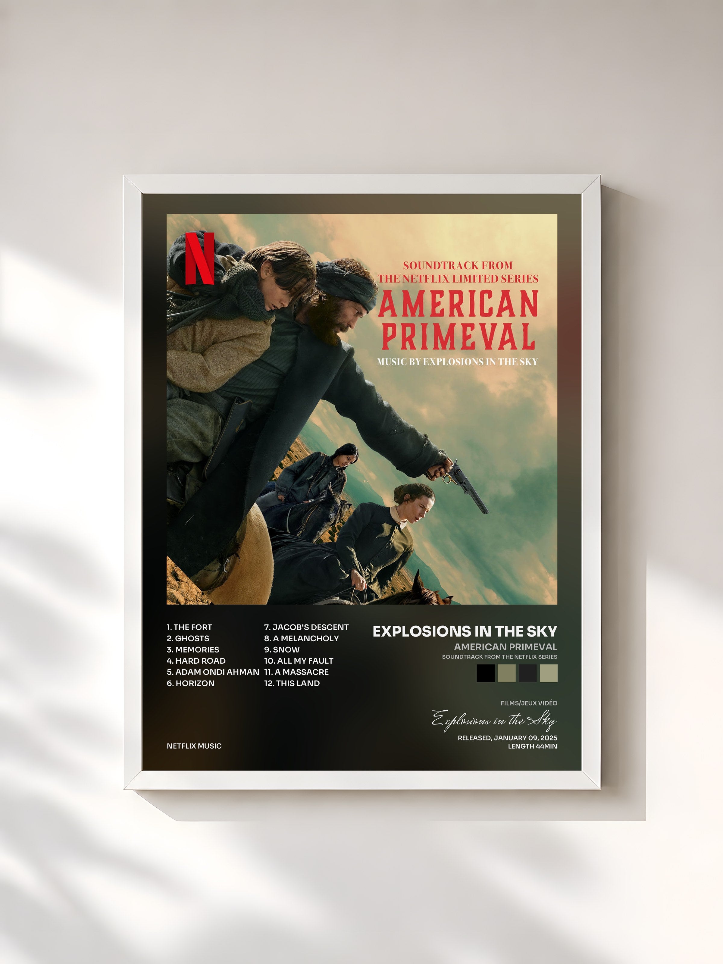 #blanc Tableau de l'album American Primeval (Soundtrack from the Netflix Series) de Explosions in the Sky, cadre blanc, imprimé et encadré en France