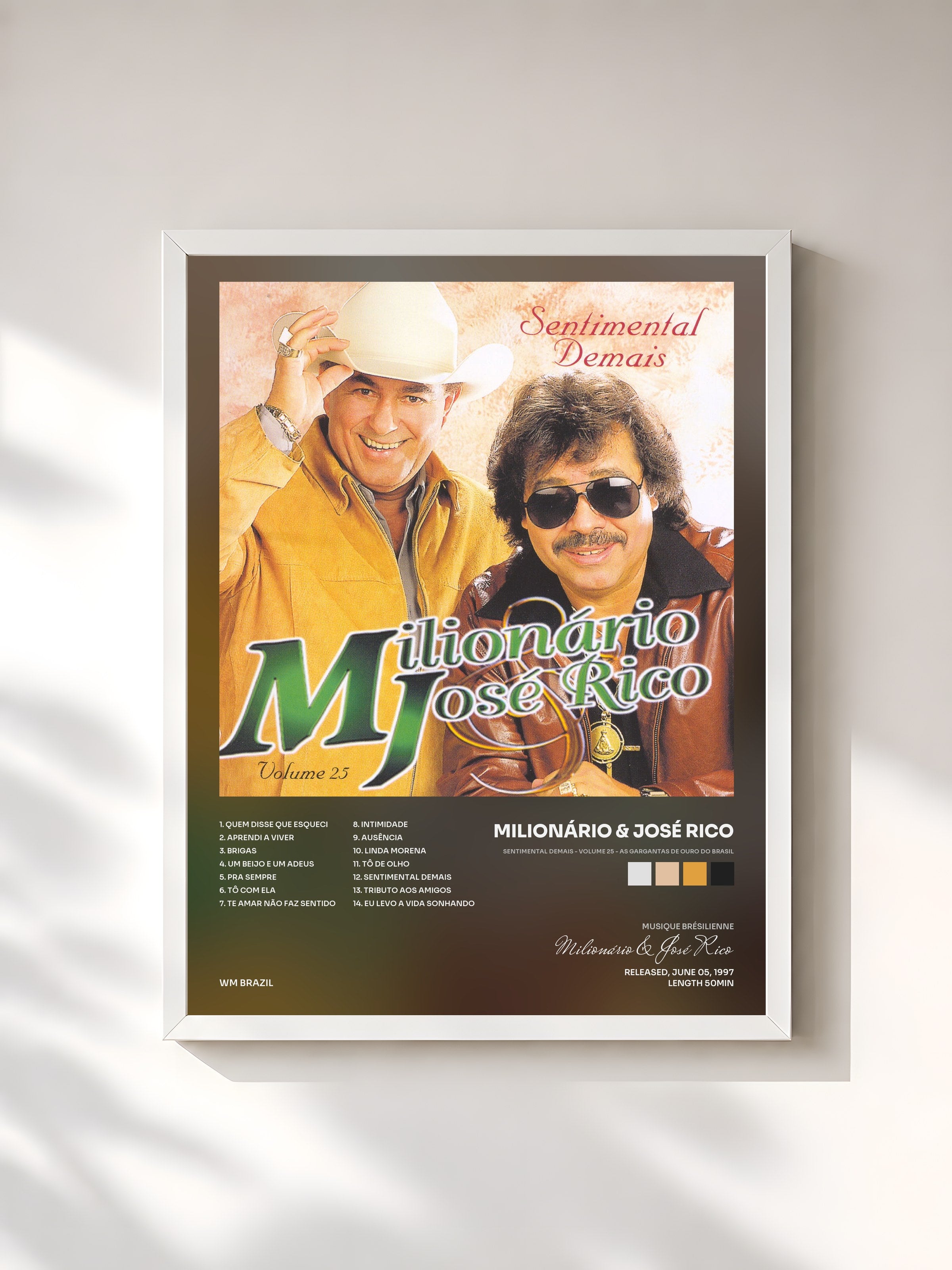 #blanc Tableau de l'album Sentimental Demais - Volume 25 - As Gargantas de Ouro do Brasil de Milionário & José Rico, cadre blanc, imprimé et encadré en France