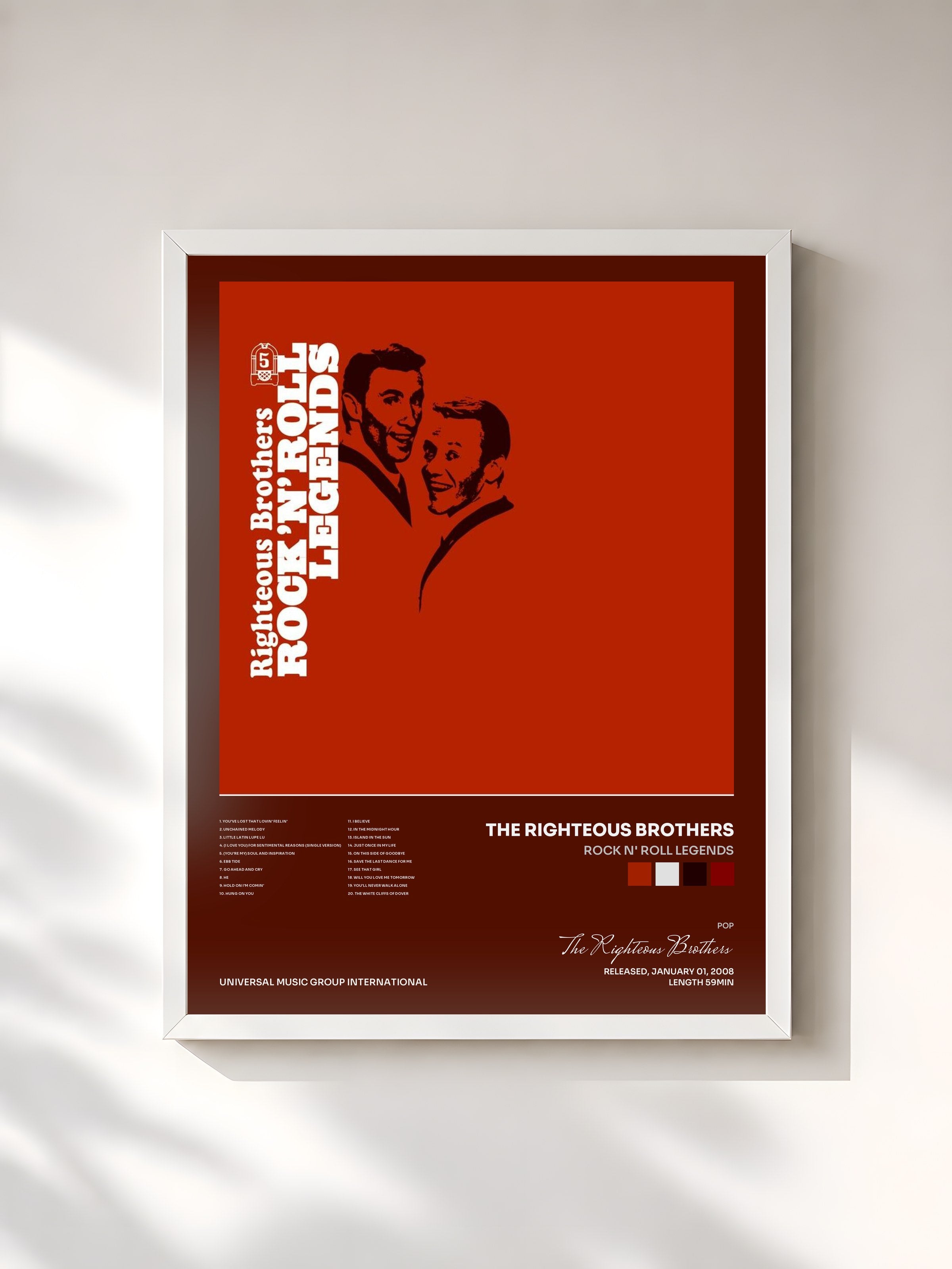 #blanc Tableau de l'album Rock N' Roll Legends de The Righteous Brothers, cadre blanc, imprimé et encadré en France
