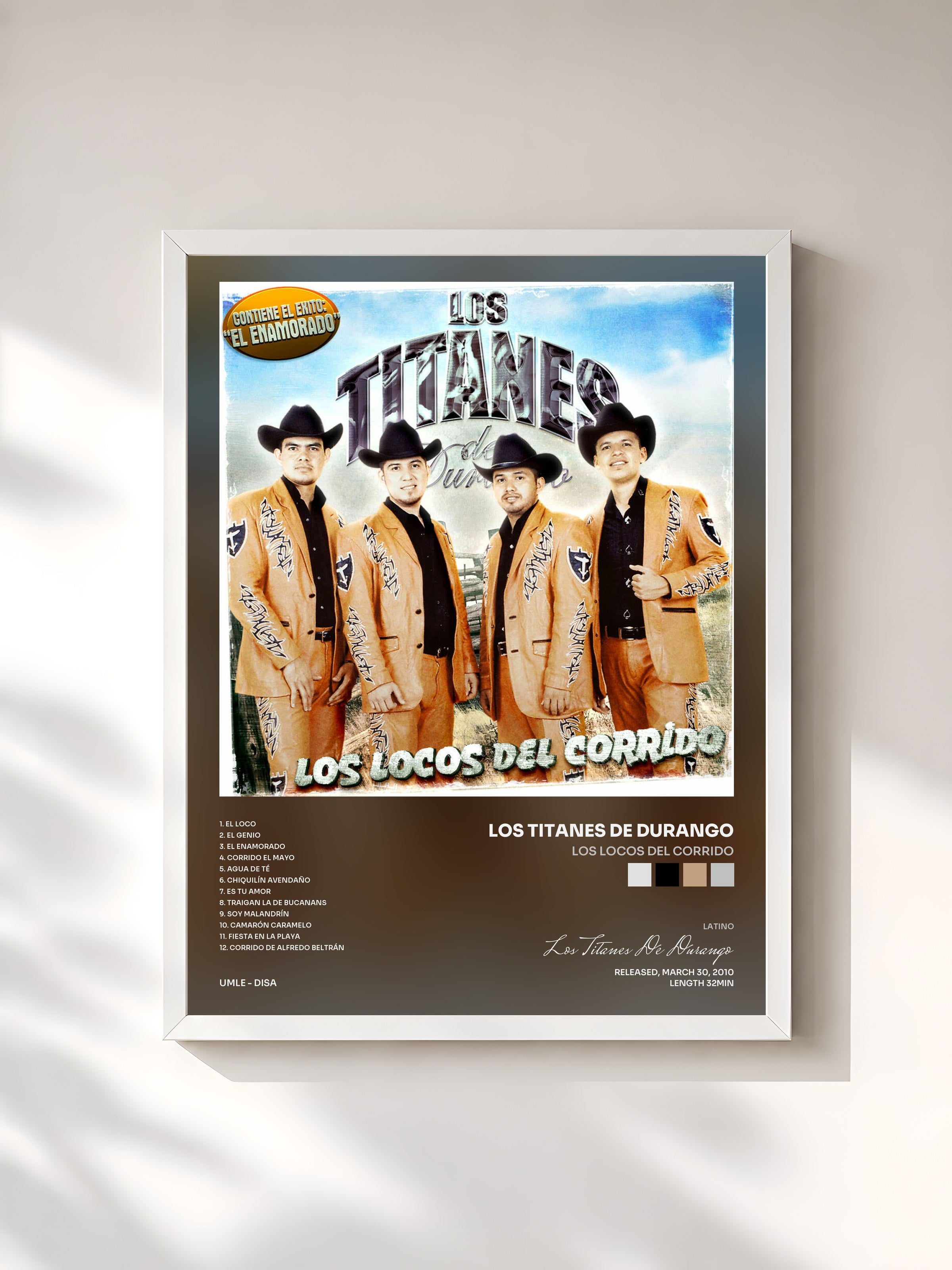 #blanc Tableau de l'album Los Locos Del Corrido de Los Titanes De Durango, cadre blanc, imprimé et encadré en France