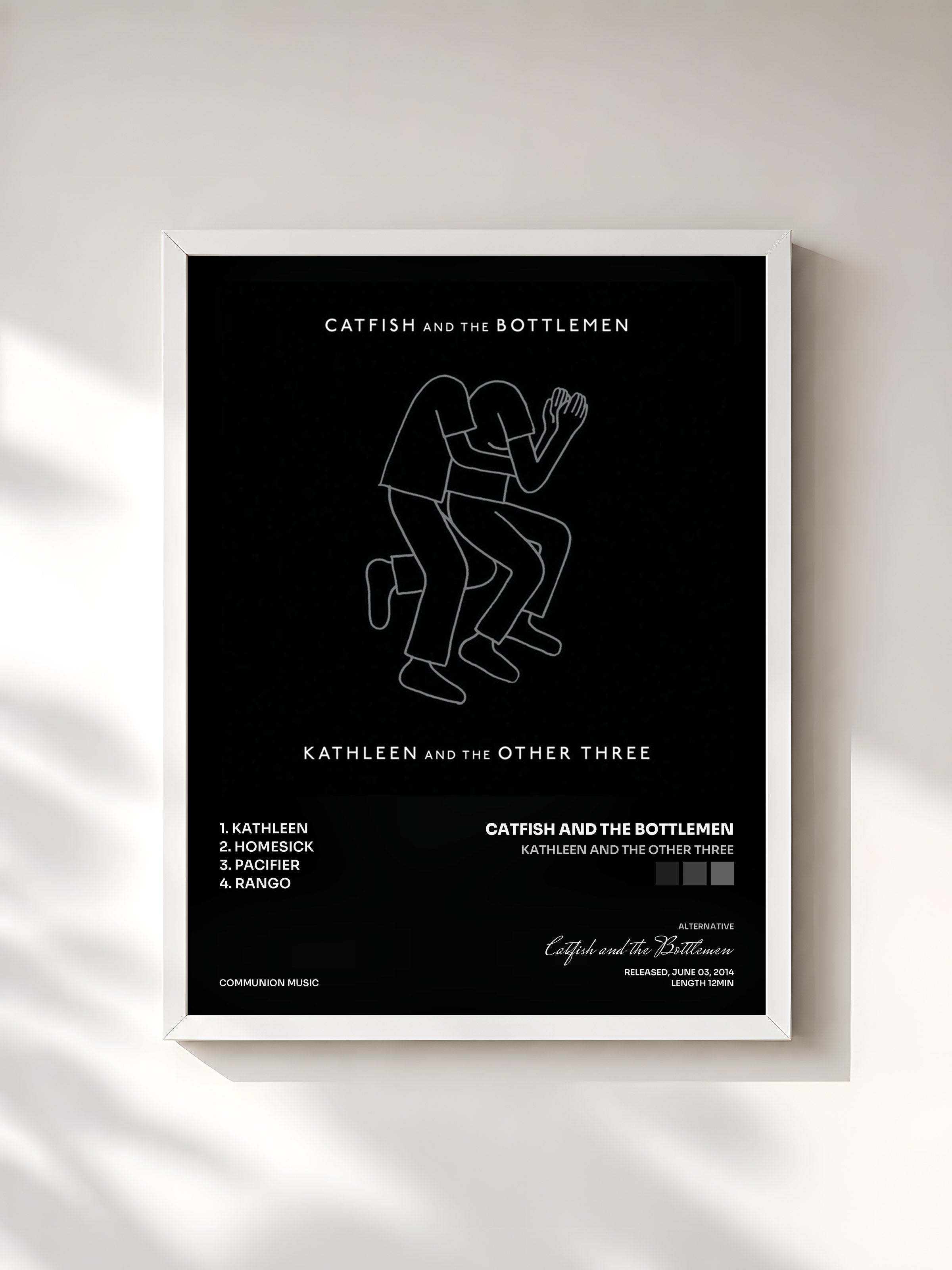 #blanc Tableau de l'album Kathleen And The Other Three de Catfish and the Bottlemen, cadre blanc, imprimé et encadré en France