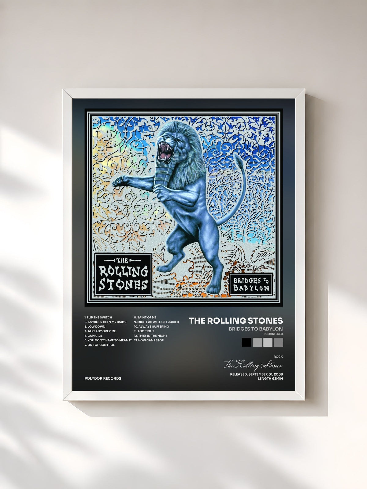#blanc Tableau de l'album Bridges To Babylon (Remastered) de The Rolling Stones, cadre blanc, imprimé et encadré en France