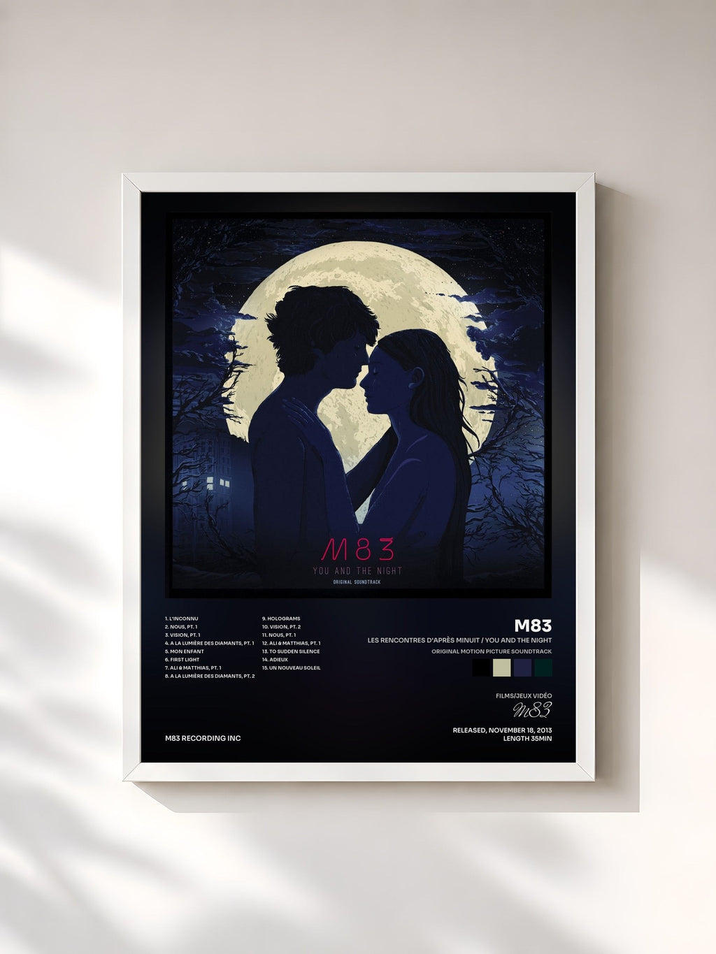 #blanc Tableau de l'album Les rencontres d'après minuit / You and the Night (Original Motion Picture Soundtrack) de M83, cadre blanc, imprimé et encadré en France