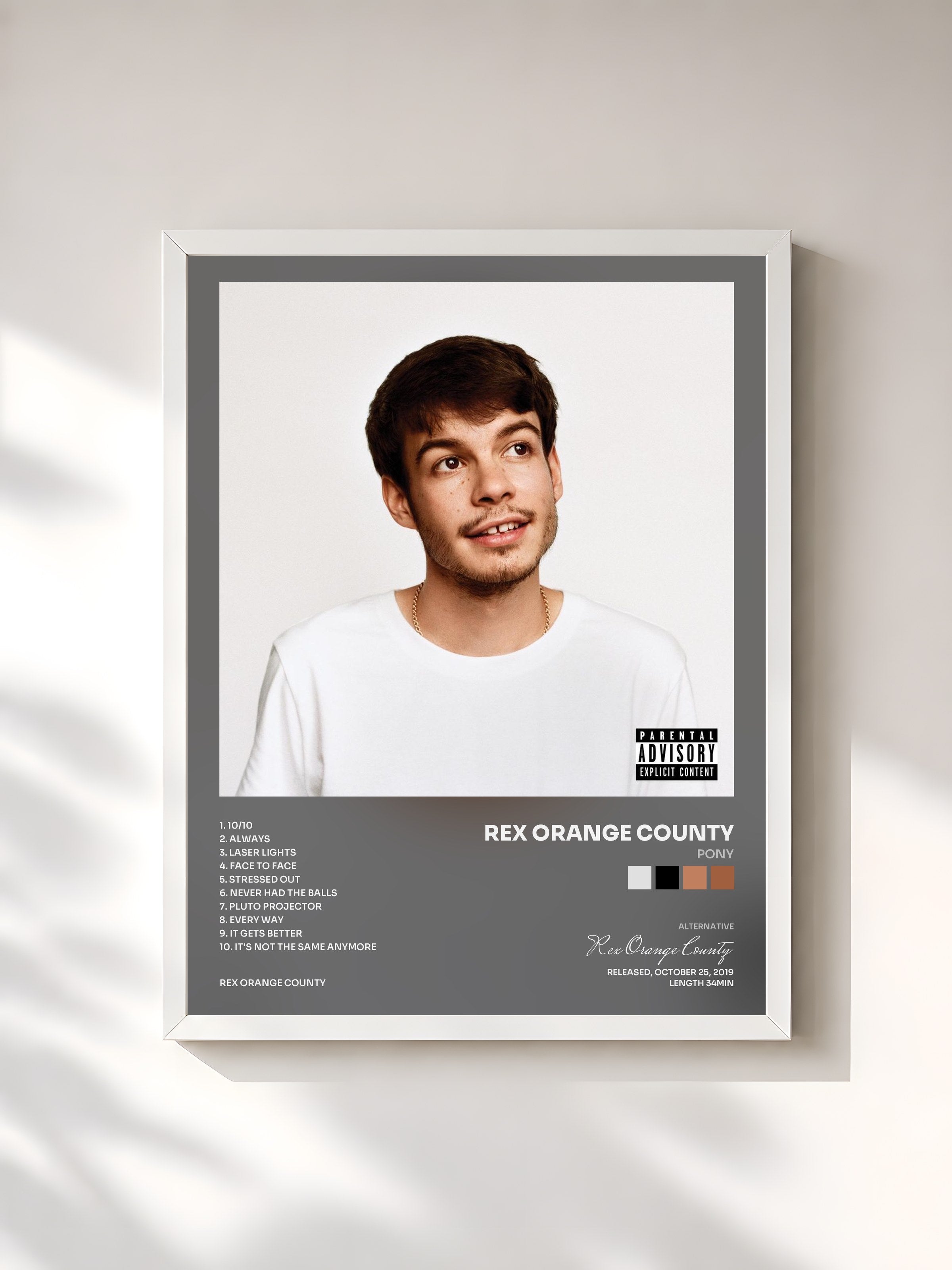 #blanc Tableau de l'album Pony de Rex Orange County, cadre blanc, imprimé et encadré en France